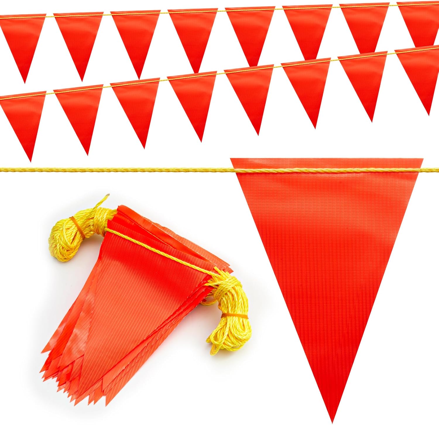 Safety Warning [Enhanced Density] Pennant Banner Flag Sign – 105FT OSHA High Visibility Triangle Signs for Construction Zones, Roadwork, and Hazard Areas(ORANGE FLAG+YELLOW STRING,80PCS,105FT)