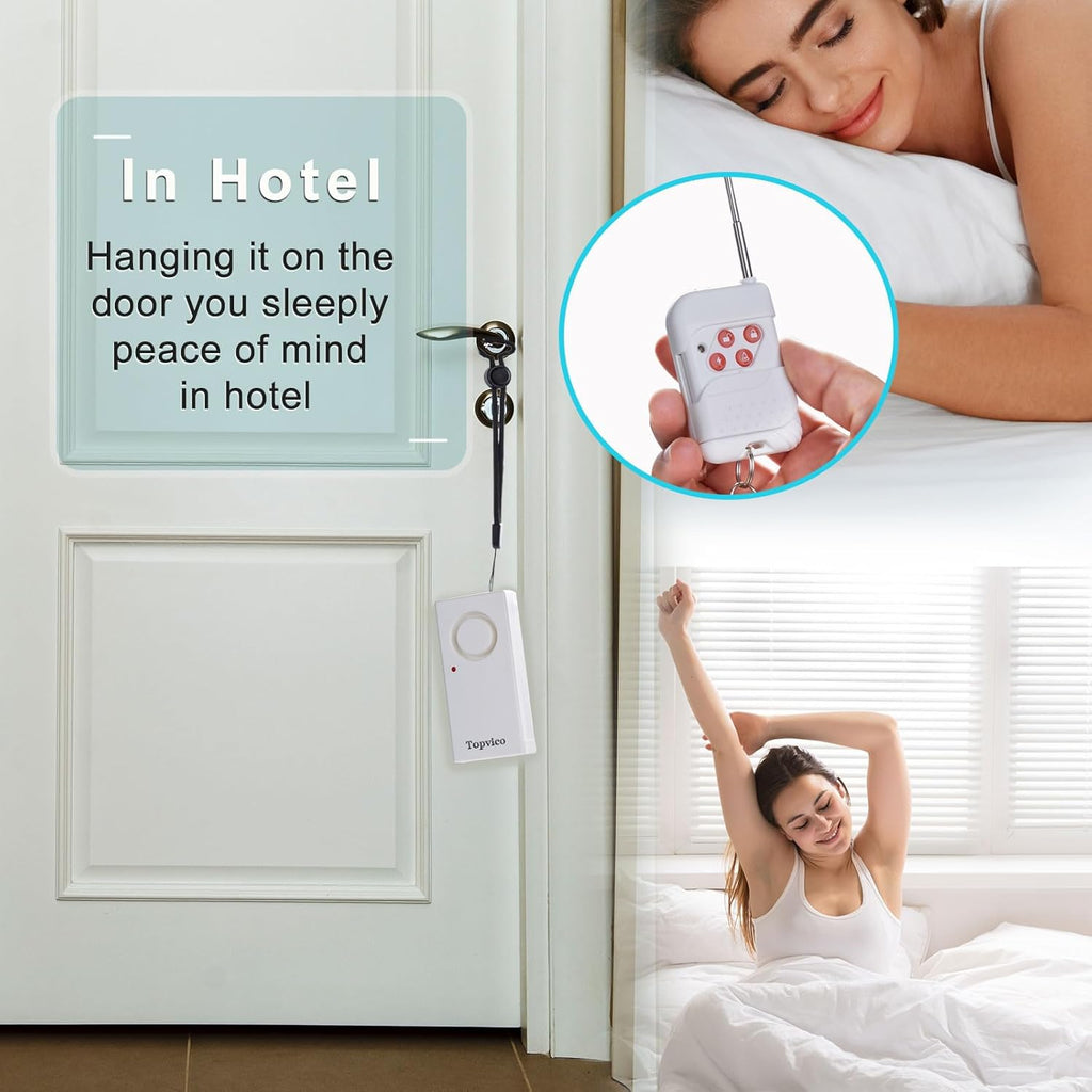Topvico Door Handle Alarm Vibration Triggered, Hotel Travel Portable Door Alarm, 130dB Wireless Home Security for Kids, Elderly, Dementia, Remote Controller for Sensitivity Volume Adjust, 2 Pack