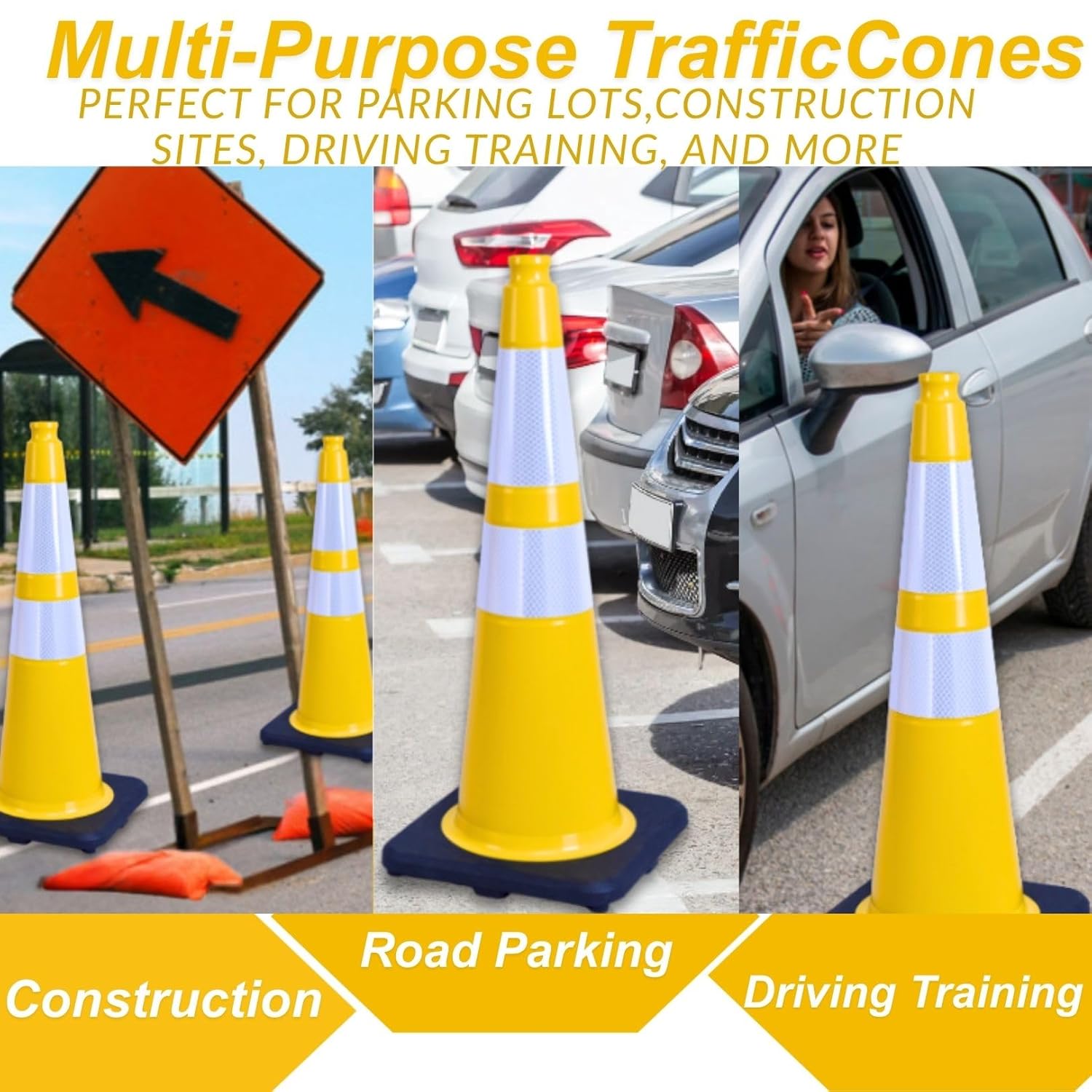 BESEA 6PACK 28 inch Traffic Safety Cones Yellow Road Parking Cones 28" Heavy Duty Construction Cone Structurally Stable for Traffic Control at Public Place(6PCS)