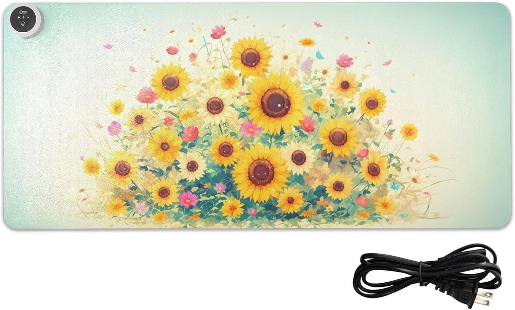Large Heated Mouse Pad,Leather Desk Mat,31.5"x13",Hand Warmer Pads for Desk,Sunflower(Yellow)