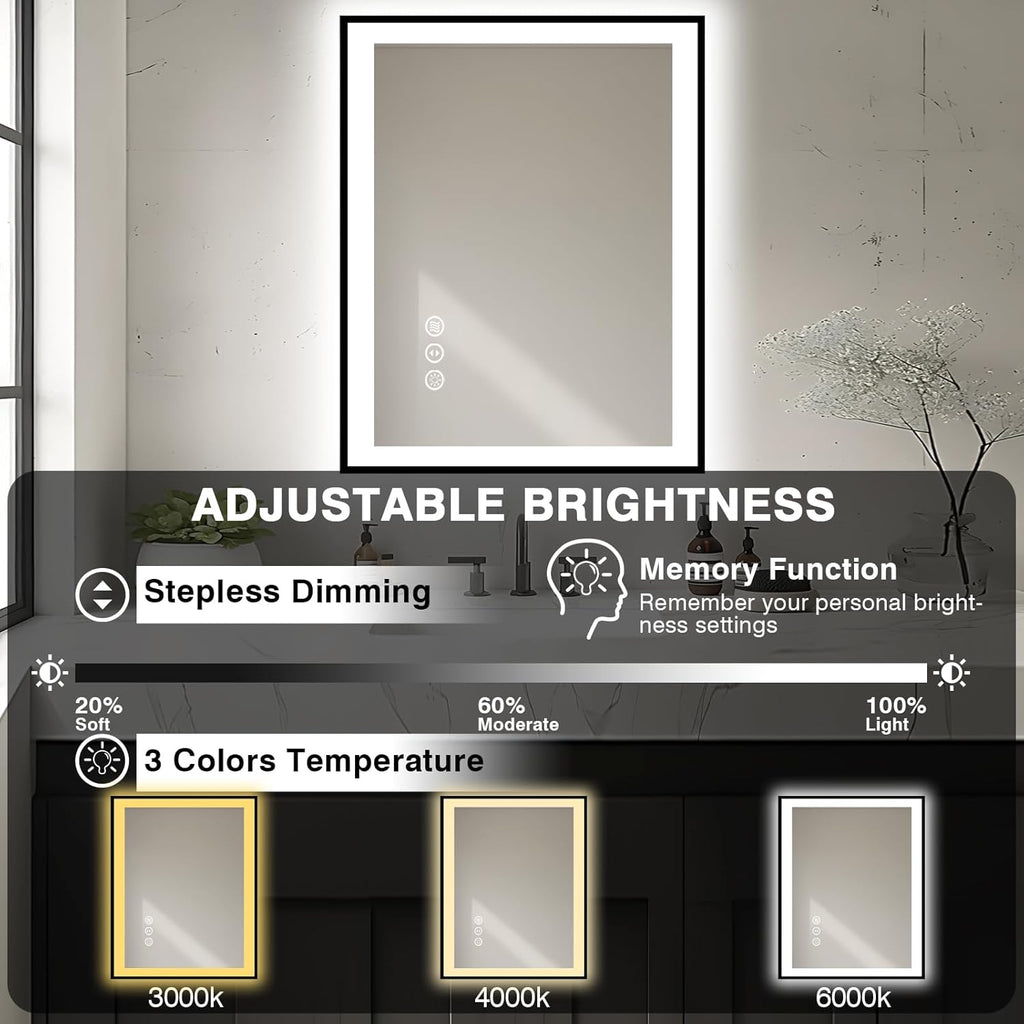 28x32 LED Bathroom Mirror - Black Aluminum Framed,Front and Backlit,Anti-Fog Framed Bathroom Vanity Mirror,3 Color Stepless Dimmable Lighted Smart Mirror(Horizontal/Vertical)