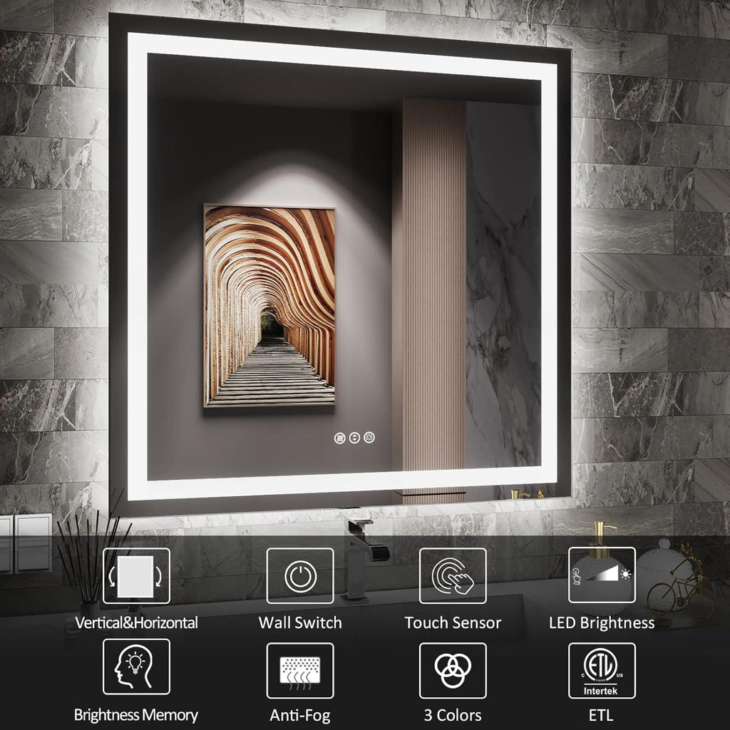 Amorho LED Bathroom Mirror, 38'' X38'' with Front and Backlit, Stepless Dimmable Wall Mirrors with Anti-Fog, Shatter-Proof, Memory, 3 Colors, Double LED Vanity Mirror