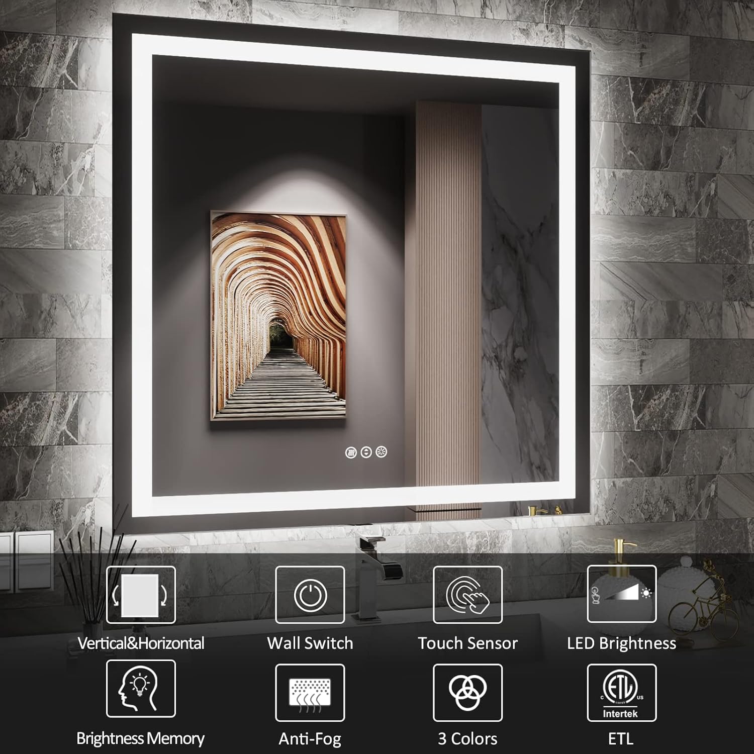 Amorho LED Bathroom Mirror, 38'' X38'' with Front and Backlit, Stepless Dimmable Wall Mirrors with Anti-Fog, Shatter-Proof, Memory, 3 Colors, Double LED Vanity Mirror