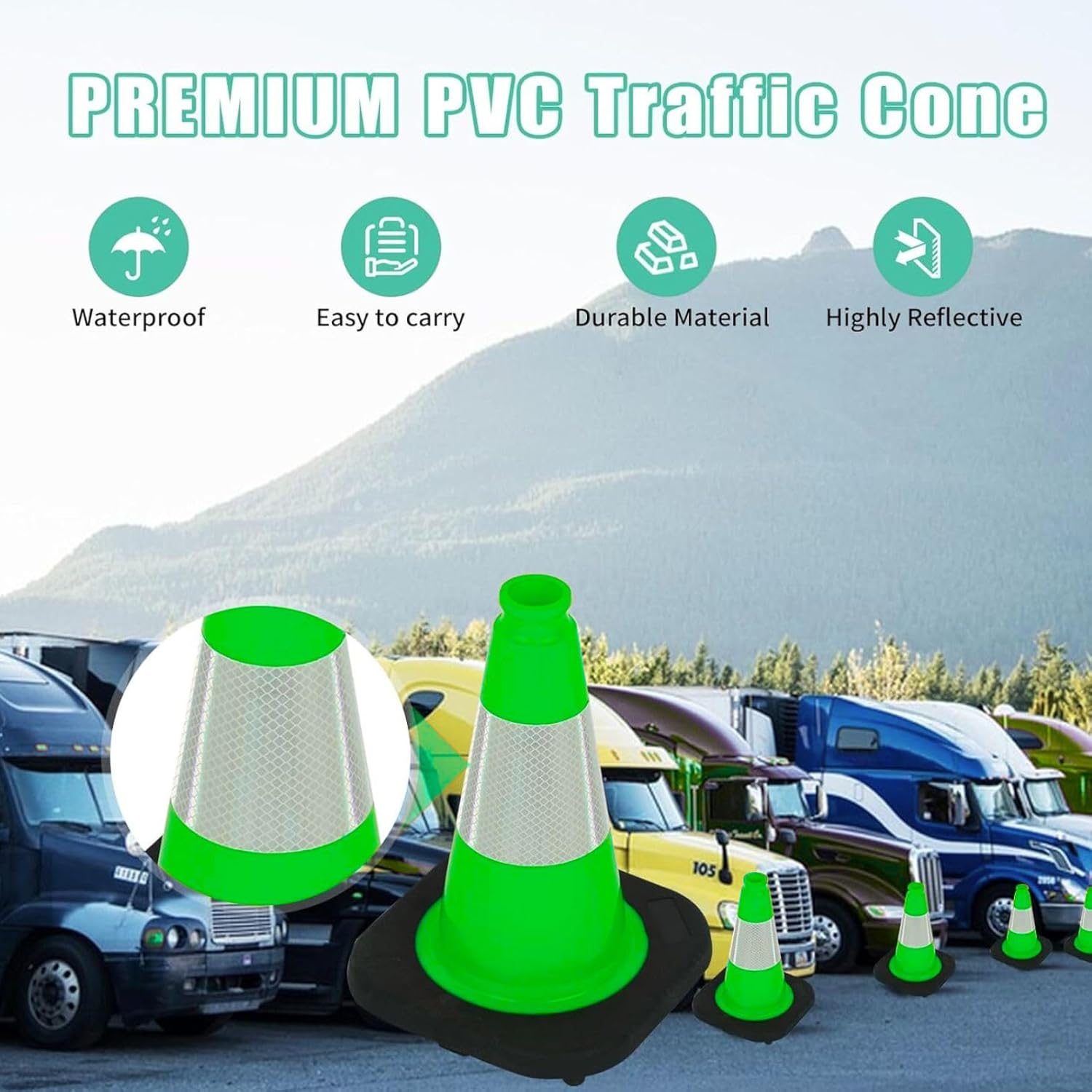 BESEA 12" inch Green Traffic Cones Safety Cones PVC Construction Cones with 4 inch Reflective Collar for Home Driveway Road Parking Use(8 Cones)