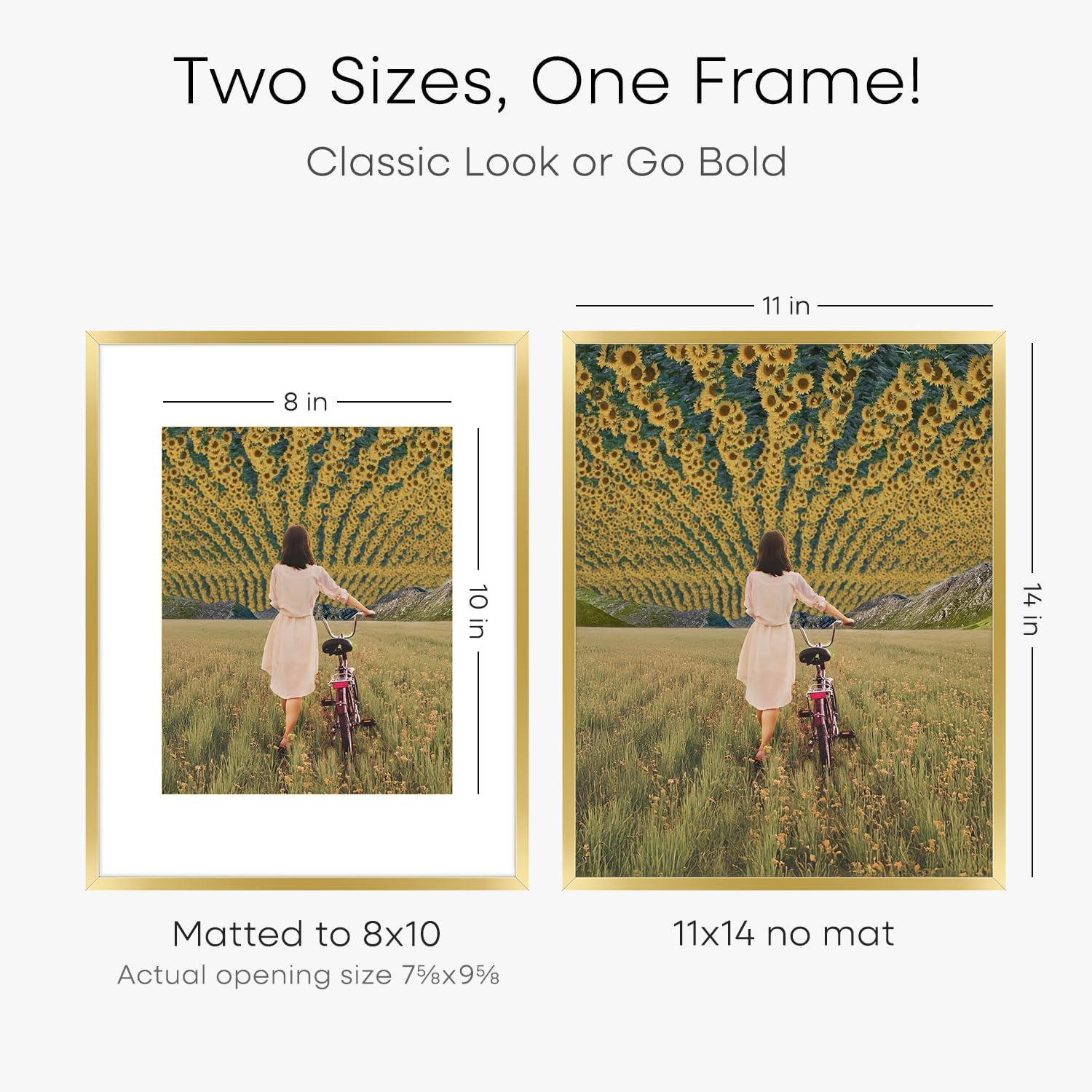 Homeforia 11x14 Picture Frame Gold, High End Metal 11x14 Poster Frames with Mat for 8x10, 11 x 14 Gold Frame Matted to 8 x 10 inch Photo, 11by14 Thin Hanging Frames, Tempered Glass, Wall Kit, Set of 2