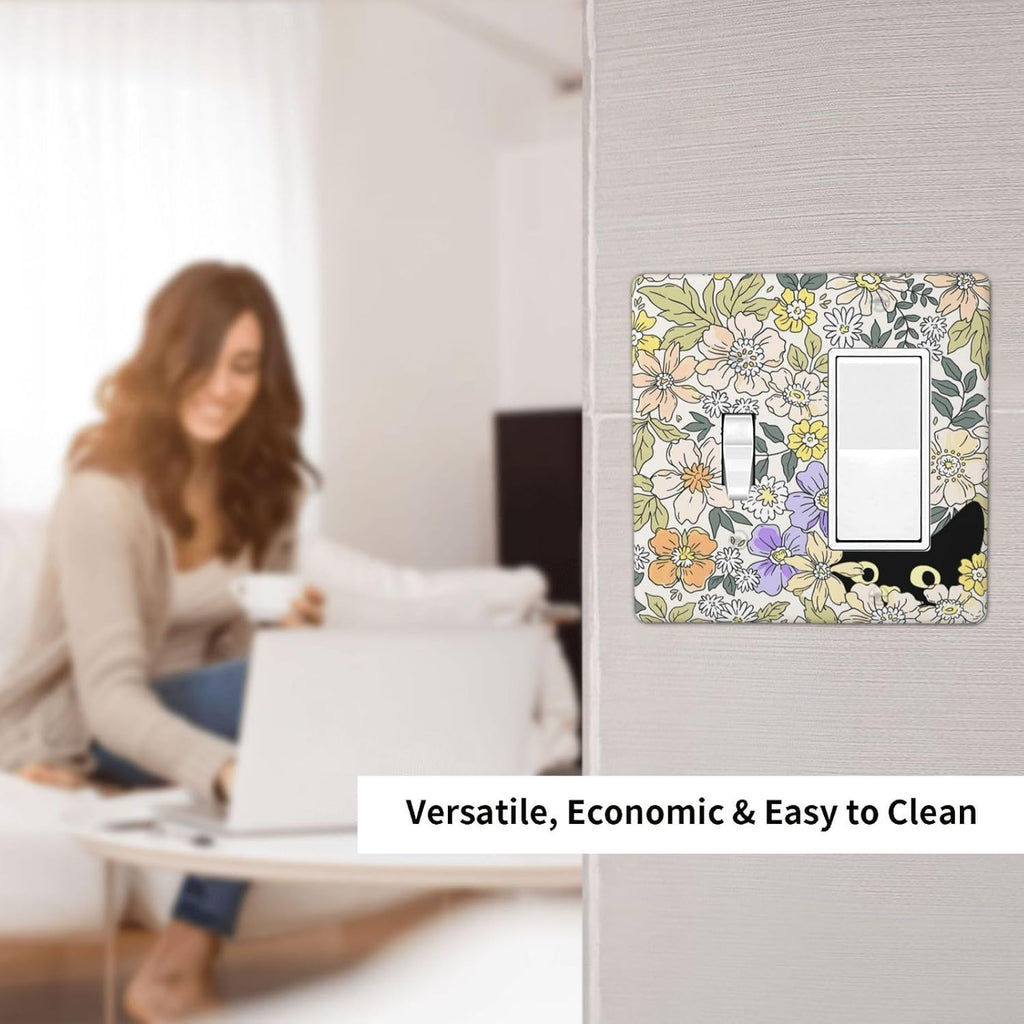 Decorative Outlet Covers Cute Black Cat in a Flower Patch Botanical Garden 2 Gang 1 Gang Wall Plate Single Toggle Rocker Light Switch Covers Switch Plate Cover for Bedroom Home Decor