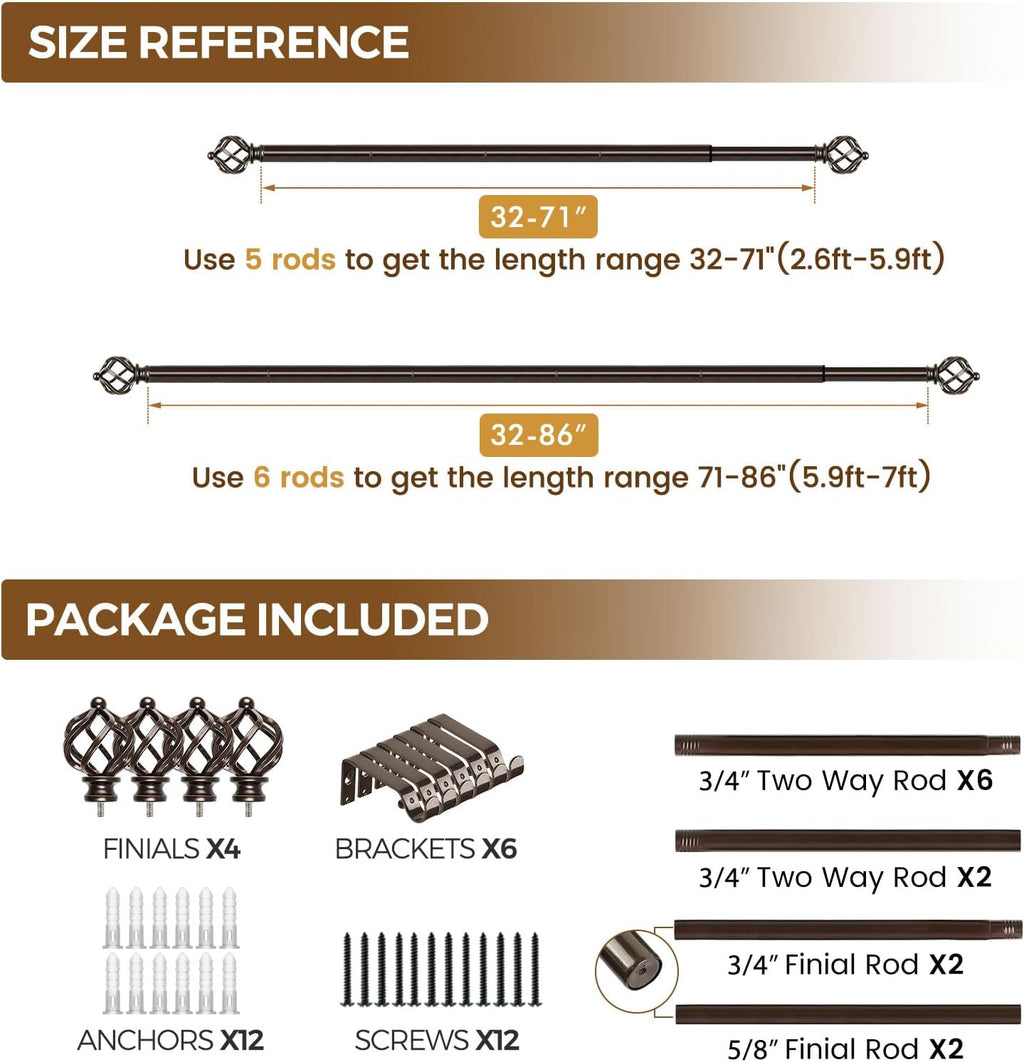 KAMANINA 2 Pack Curtain Rods 32 to 86 Inches (2.6-7.1ft), 3/4 Inch Curtain Rods for Windows Splicing Adjustable Single Drapery Rod with Twisted Cage Finial, for Indoor and Outdoor, Bronze
