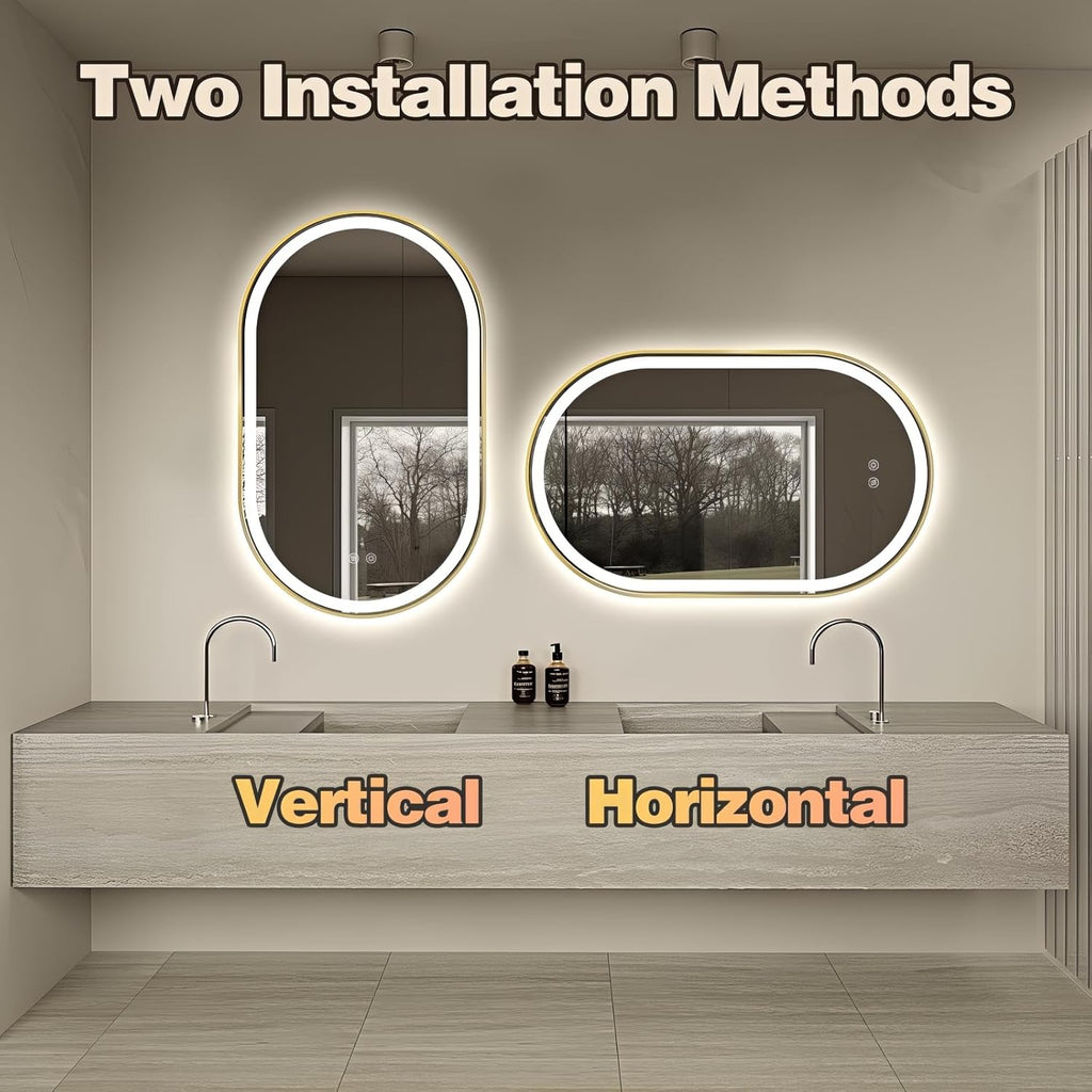 Niccy Oval LED Mirror for Bathroom, 40x24 Front Lit + Backlit Vanity Mirrors with Light Anti-Fog, Shatter-Proof, 3 Colors, Makeup Mirror with Old Gold Frame (Horizontal/Vertical)