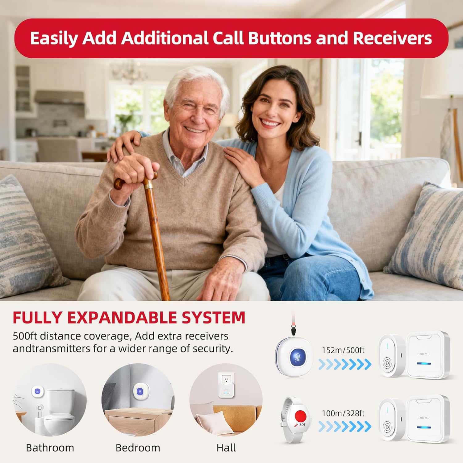 CallToU Wireless Caregiver Pager Call Button for Elderly - Nurse Alert System with 4 SOS Panic Button, 500+ Feet Range, 1 USB Receiver & 2 Plug-in Receiver for Home Care Seniors Monitoring