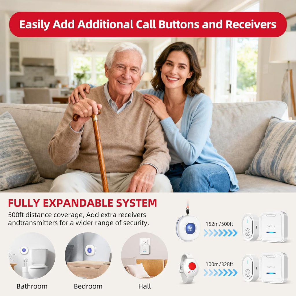 CallToU Caregiver Pager Wireless Call Button for Elderly, Medical Alert Systems for Seniors/Elderly Monitoring with 2 Call Bell, 500+Feet, 1 Plug-in Receiver+1 USB Receiver for Home Patients Emergency