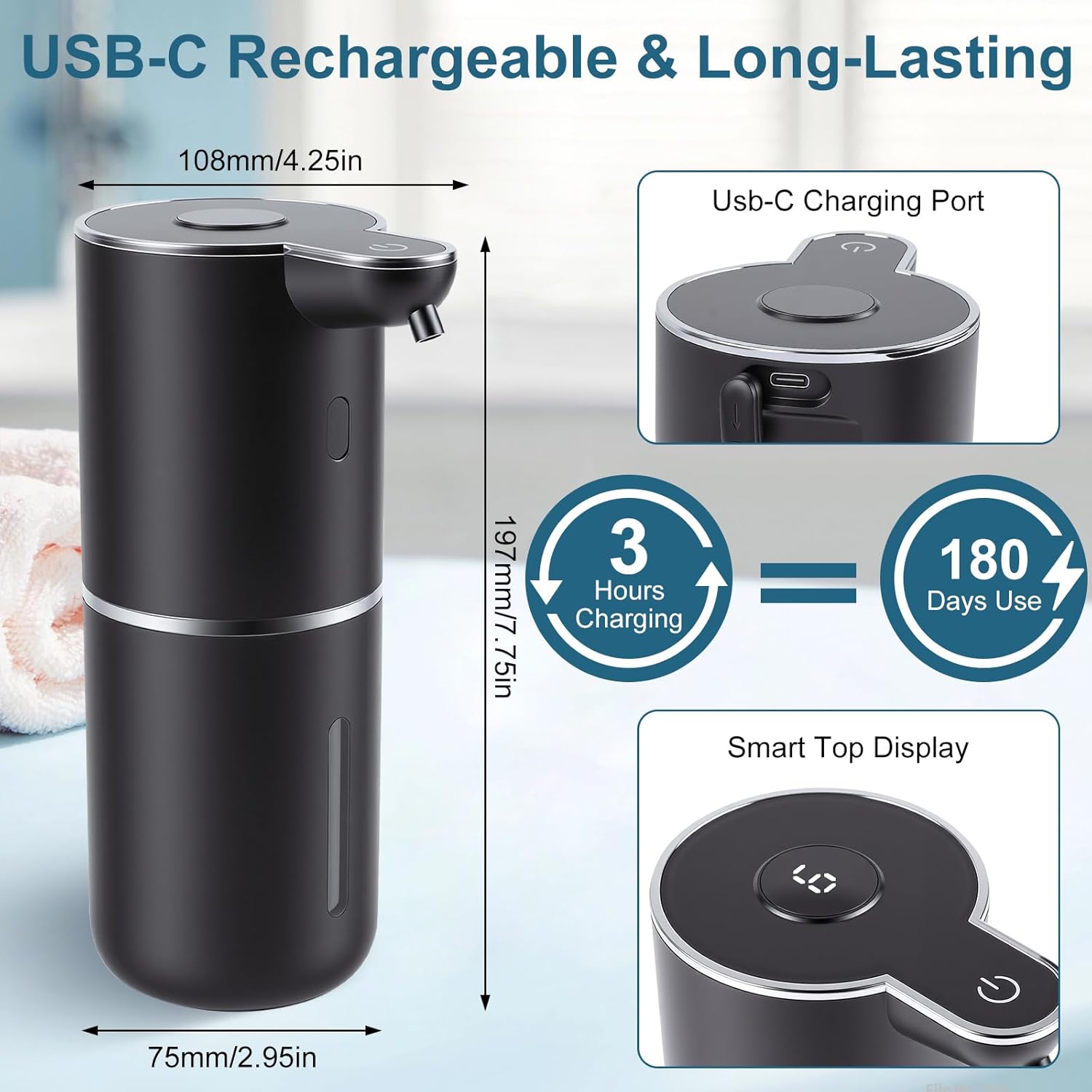 Automatic Soap Dispenser, Hand Soap Dispenser 12.8oz/380ml Smart Rechargeable, Black Soap Dispensers with 6-Level Touchless, Wall Mounted or Countertop Dish Soap Dispensing for Bathroom & Kitchen