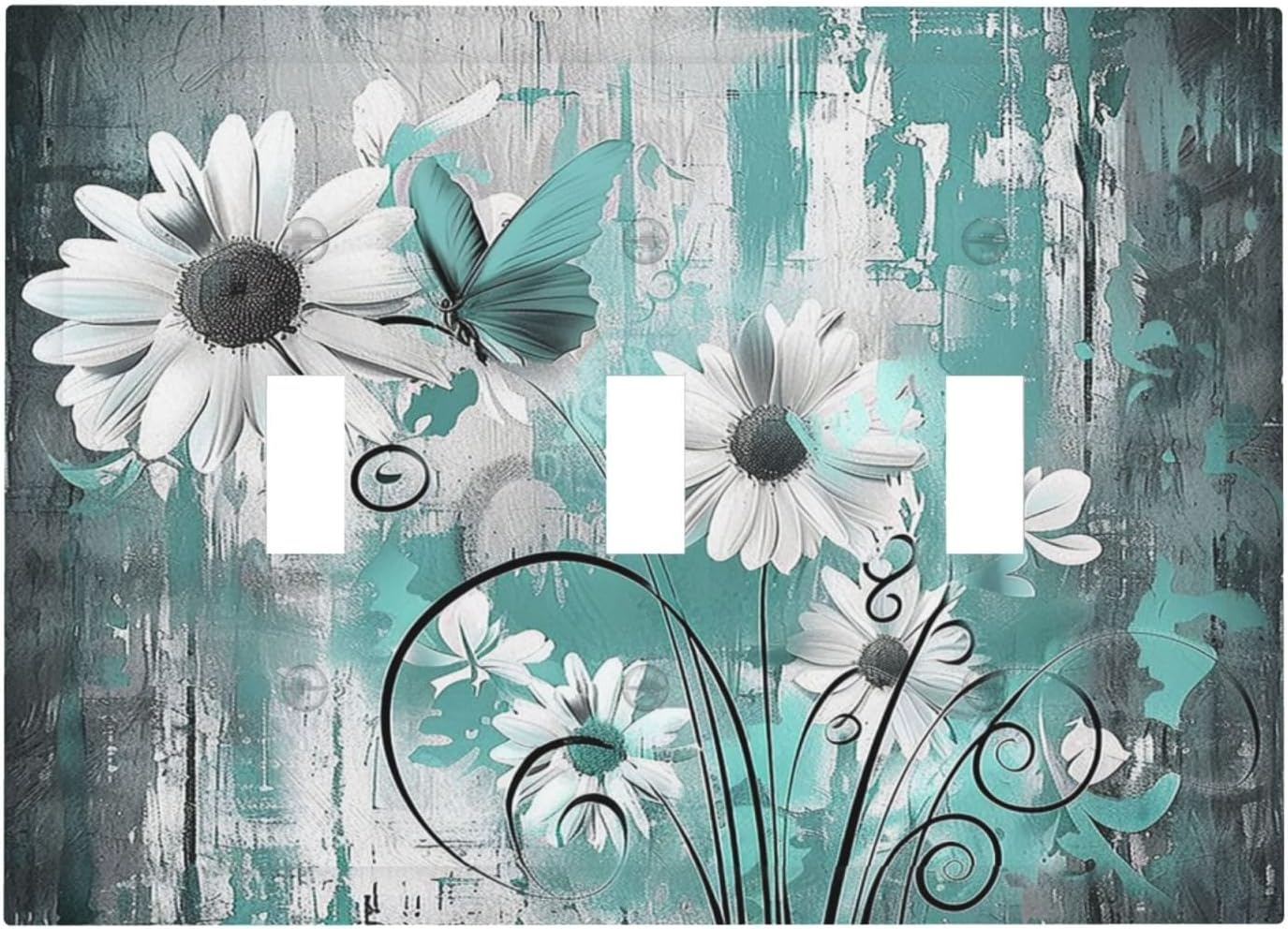 Decorative Switch Plates Teal Daisy Floral Vintage Wood Plank 3 Gang Wall Plate Triple Toggle Light Switch Cover Faceplate Electrical Wall Panels For Farmhouse Cabin Decor
