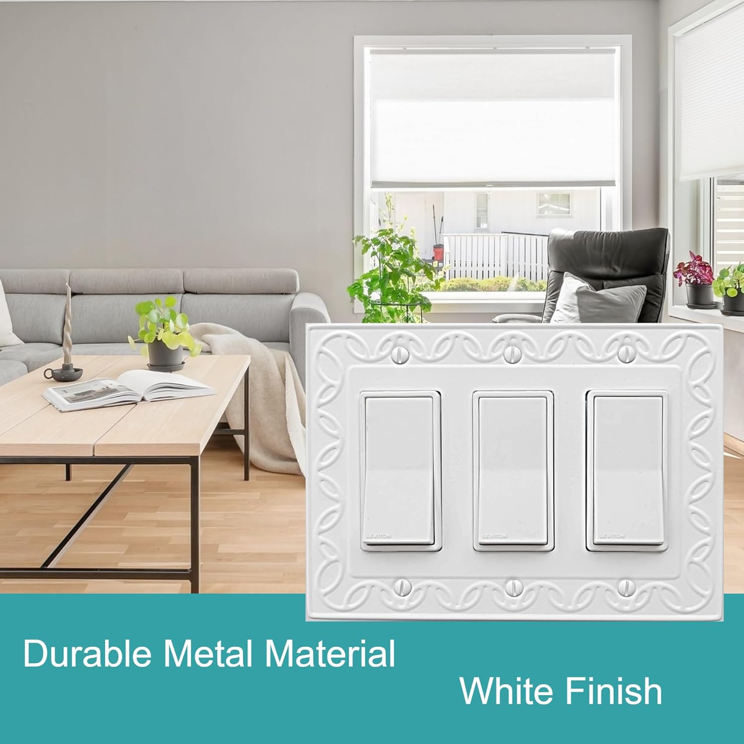 Triple Decorator Light Switch Cover NovaBloom Metal Wall Plate, 2-Pack White 3 Gang Triple Rocker, Receptacle Dimmer Switch Cover GFCI Outlet Decorative Wallplate, Durable