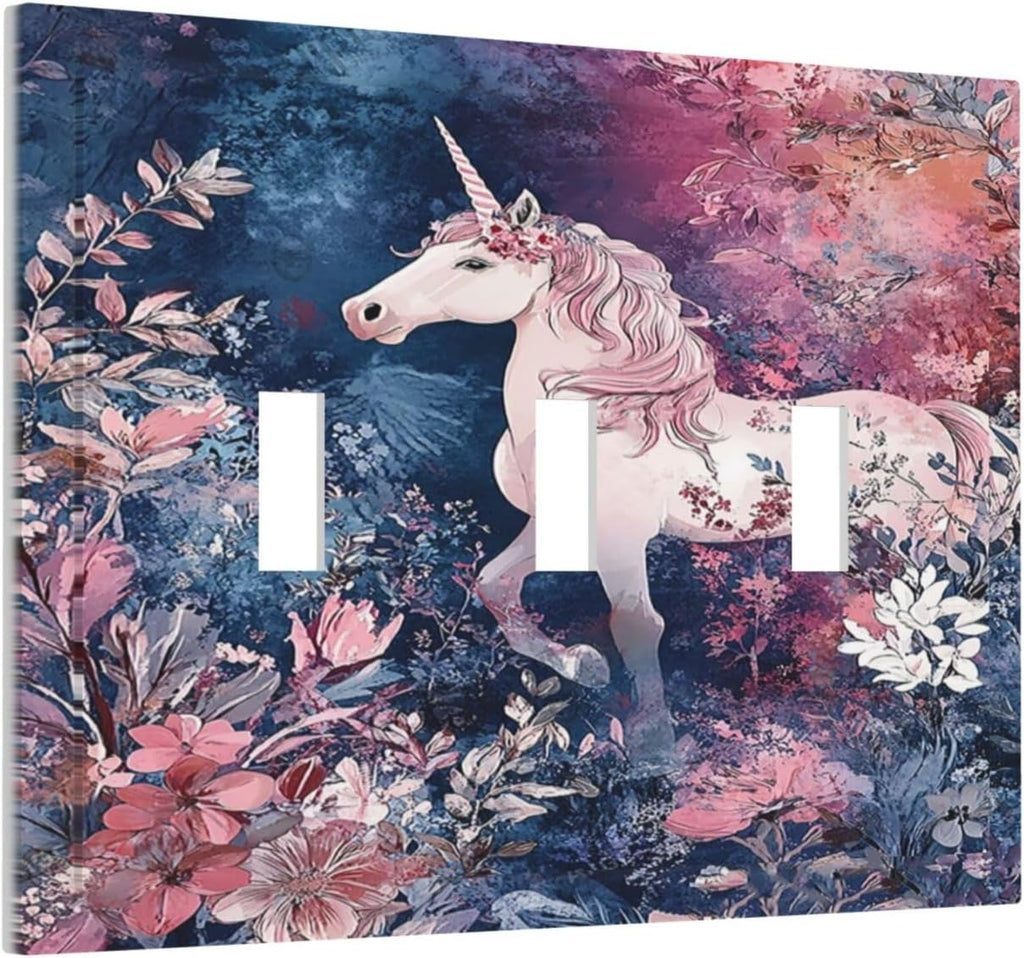 Decorative Light Switch Cover Plate Fantastic Pink Unicorn Wildflower Forest 3 Gang Wall Plate Triple Toggle Switch Plate Covers Electrical Outlet Cover for Bedroom Kids room Decor