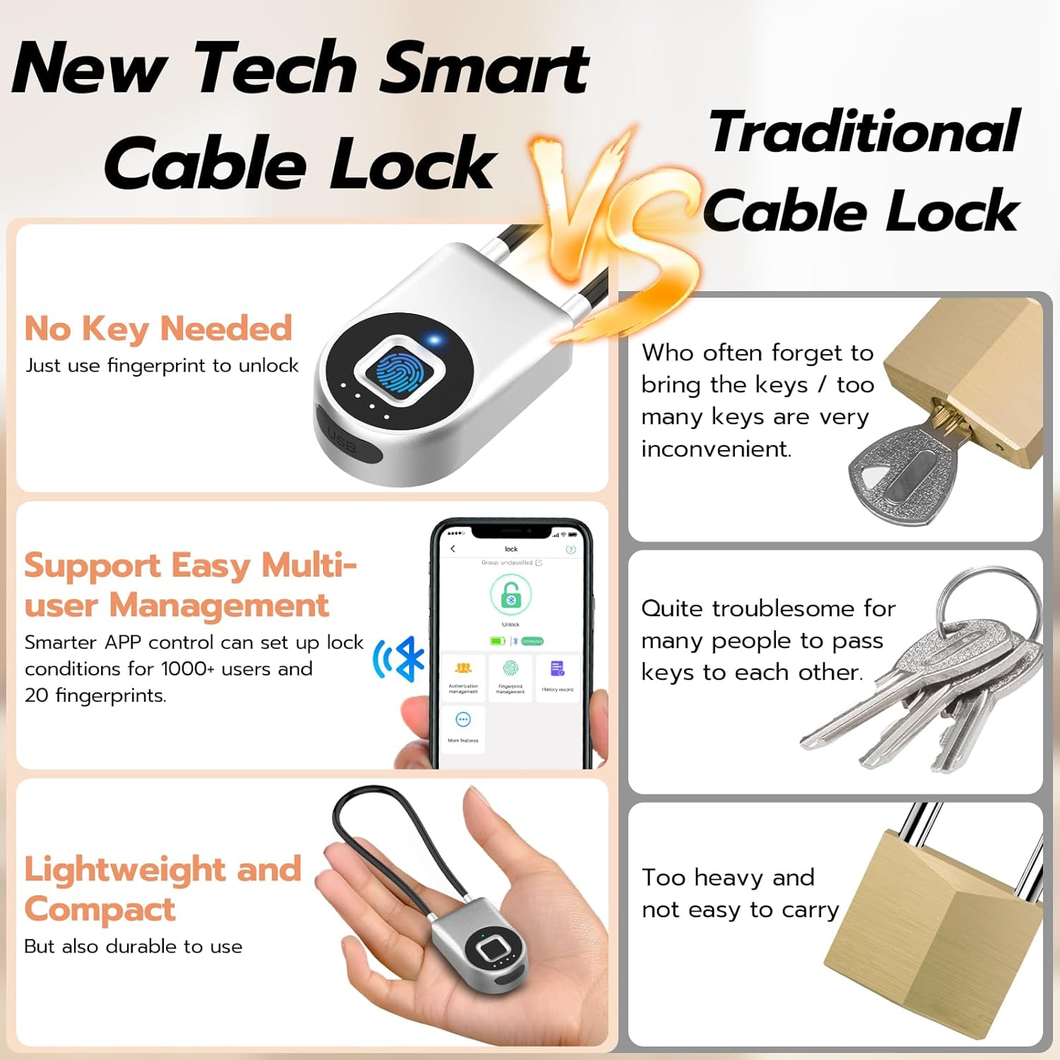 Fingerprint Cable Lock, eLinkSmart Fridge Locks with Bluetooth APP Control, Biometric Smart Padlock for Adults Baby Proof Cabinet Refrigerator French Door Cabinet Gate Locker Bike, 8.6'' Long Silver