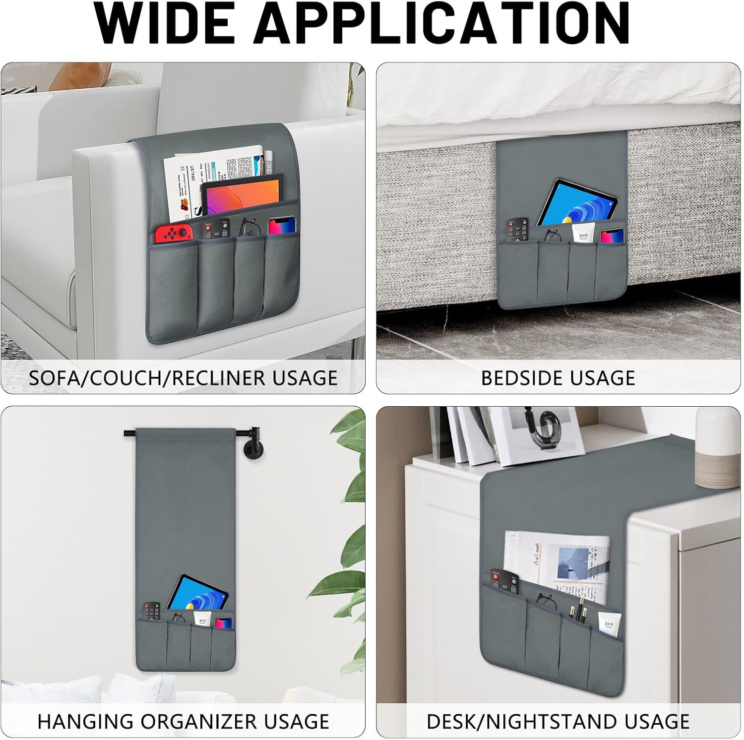 TV Remote Control Holder Couch Caddy, Non-slip Bedside Caddy Organizer with 5 Pockets for Key Glasses Phone Magazine Holders (Gray, 35"x12.4")