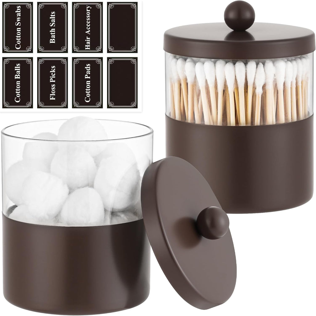Gaussra Bronze Qtip Holder, Bathroom Jar - Stainless Steel Apothecary Jars with Stickers - Farmhouse Decor Qtip Dispenser for Qtips, Cotton Balls, Swabs, Makeup Sponges (2-Pack)