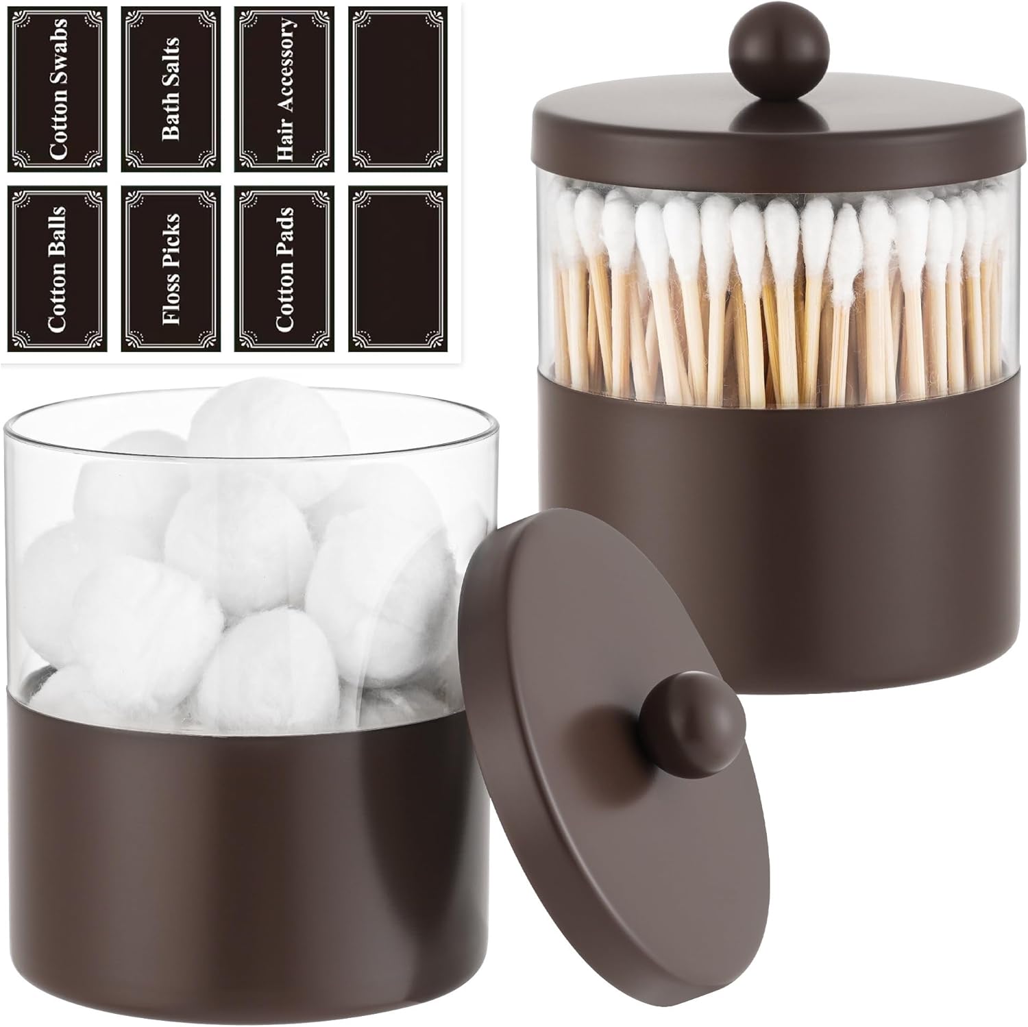 Gaussra Bronze Qtip Holder, Bathroom Jar - Stainless Steel Apothecary Jars with Stickers - Farmhouse Decor Qtip Dispenser for Qtips, Cotton Balls, Swabs, Makeup Sponges (2-Pack)