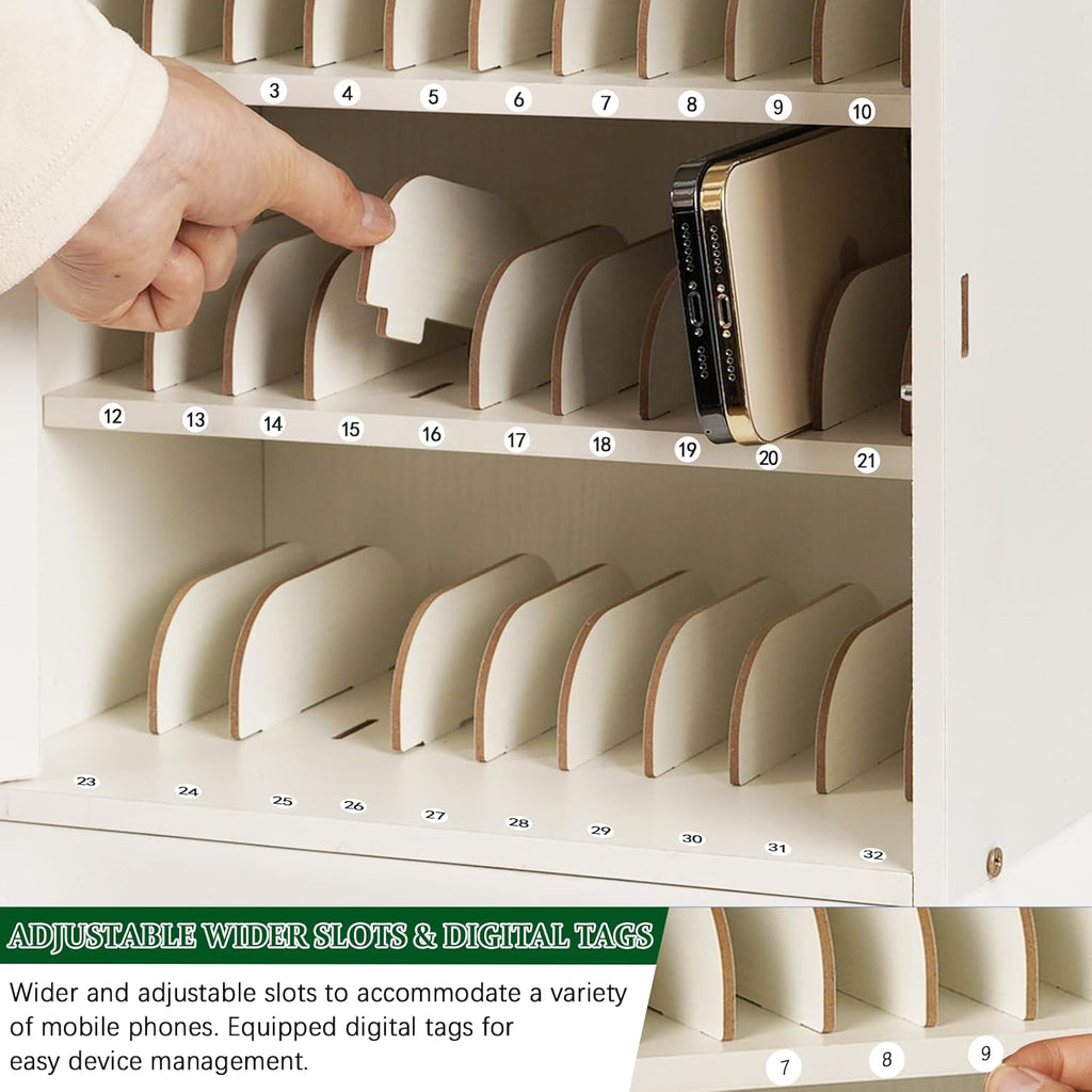 Echaprey Cell Phone Holder Classroom Adjustable 33 Slots Pocket Chart Wooden Cell Phone Storage Cabinet with Handle and Lock Desktop Cell Phone Holder for Classroom Office (White)