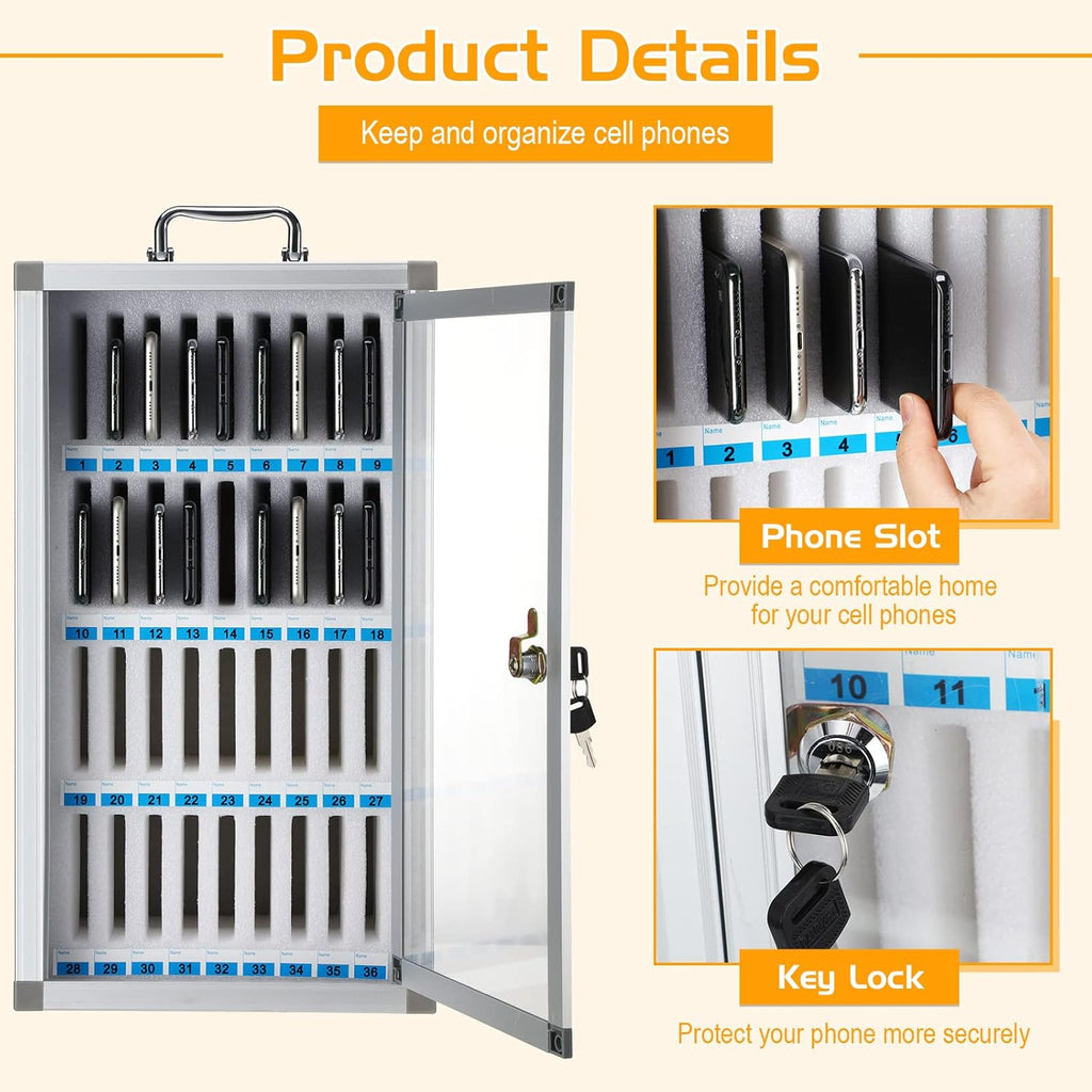 Amylove 36 Slots Cell Phone Locker Cabinet Aluminum Alloy Pocket Chart Storage Locker Box Cabinet Wall-Mounted Cell Phones Storage Box with Handle for Office Classroom Gym (White)