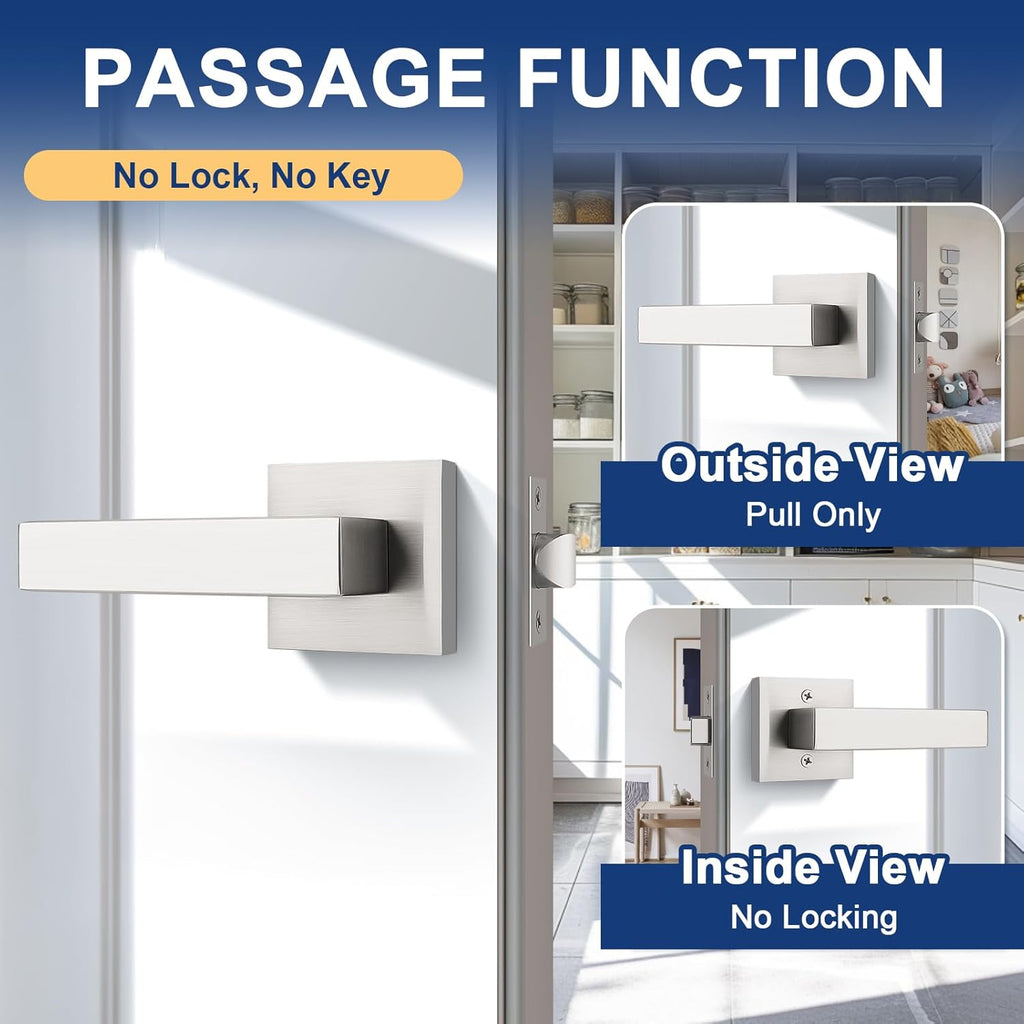 KNOBWELL 20 Pack Heavy Duty Square Door Handle Brushed Nickel Lever Door Handle Closet Hallway Bulk Passage Door Knobs(No Lock)