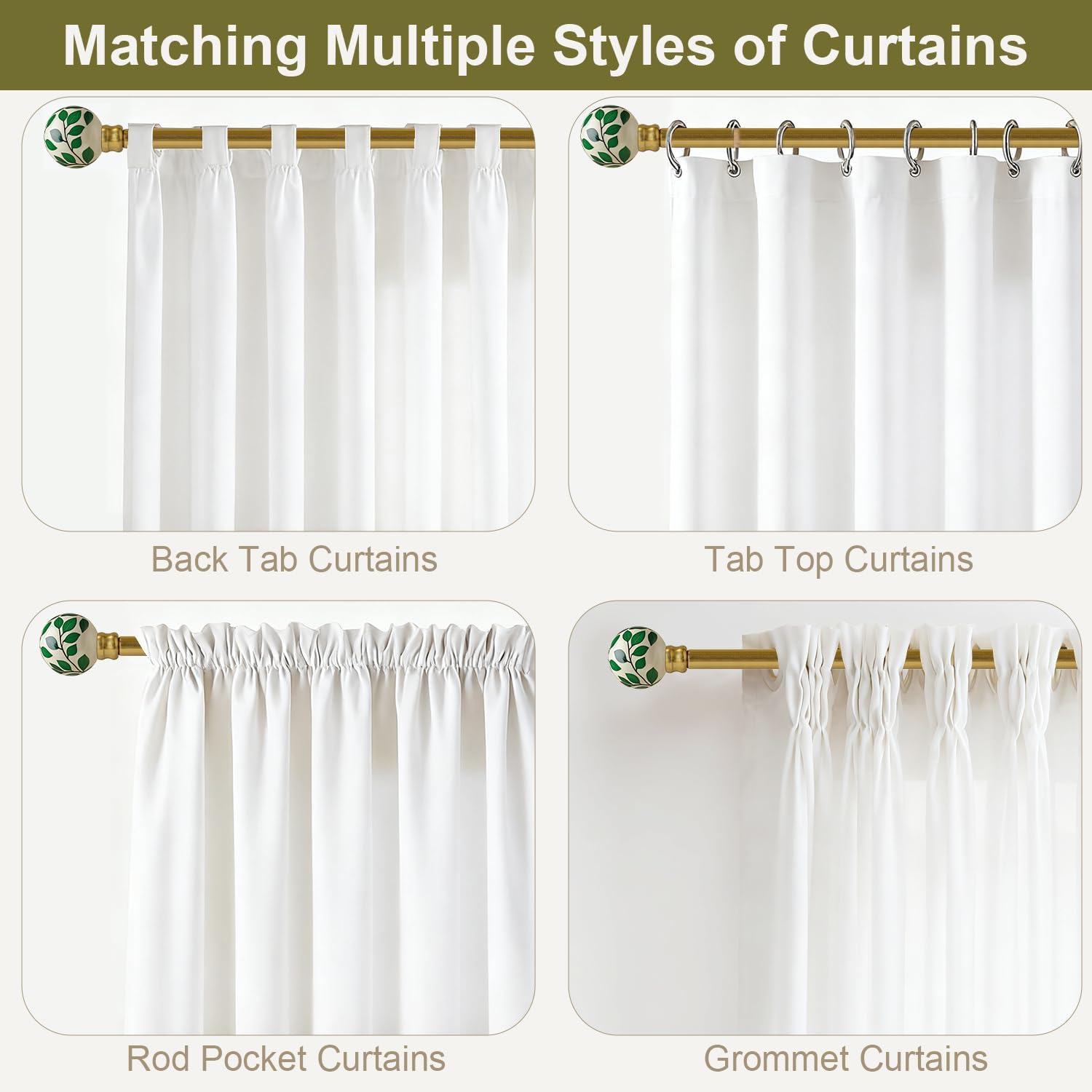 Ceramic Gold Curtain Rods for Windows 28 to 48 Inches Adjustable Length Heavy Duty 1" Diameter Window Curtain Rod with Modern Green Leaf Pattern Decorative Finials for Bedroom Living Room Kitchen