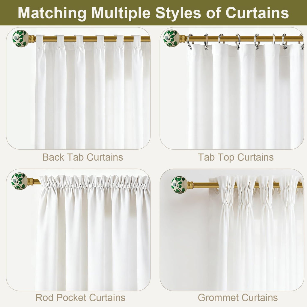 Ceramic Gold Curtain Rods Set of 2 for Windows 72 to 144 Inches Adjustable Length Duty 1" Diameter Window Curtain Rod with Modern Green Leaf Pattern Decorative Finials for Bedroom Living Room Kitchen