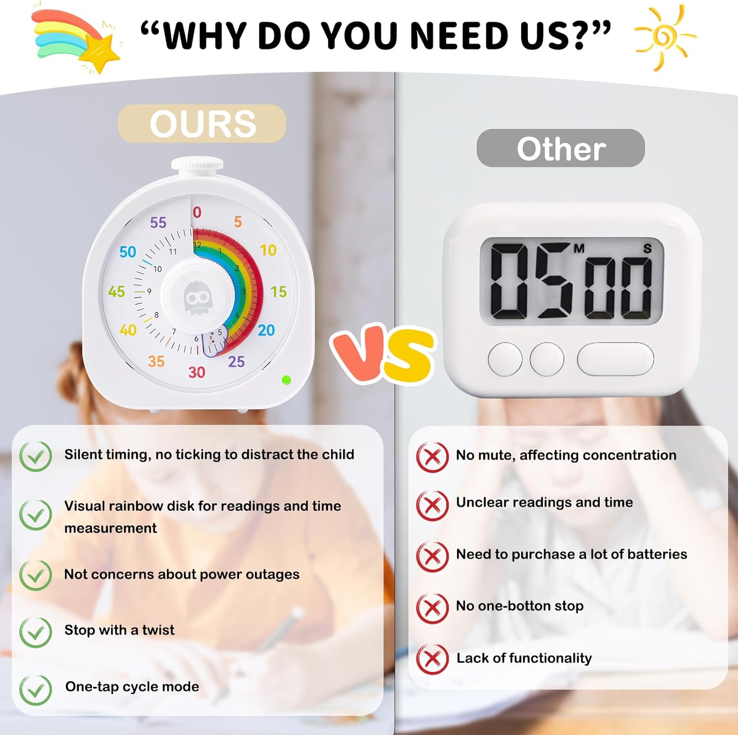 Visual Timer for Kids – 60min/12h Rainbow Magnetic Timer for Classroom, Rechargeable Silent Countdown Timer with Pomodoro Mode, ADHD Time Management Tool