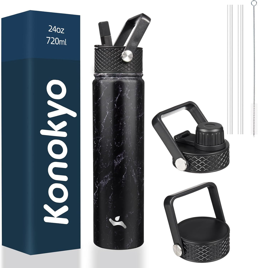 Insulated Water Bottle 24oz Stainless Steel Sport Bottles with 3 Lids,Marble Midnight