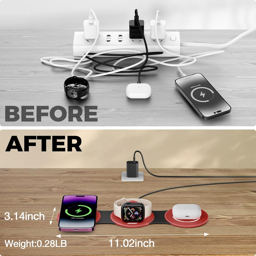 Hicober 3 in 1 Wireless Charging Station for Apple Watch and iPhone Air 17 16 15 14 13 12 Pro Max/Plus, Magnetic Foldable Wireless Travel Charger Station Stand for Airpods iWatch All Series Dark Red
