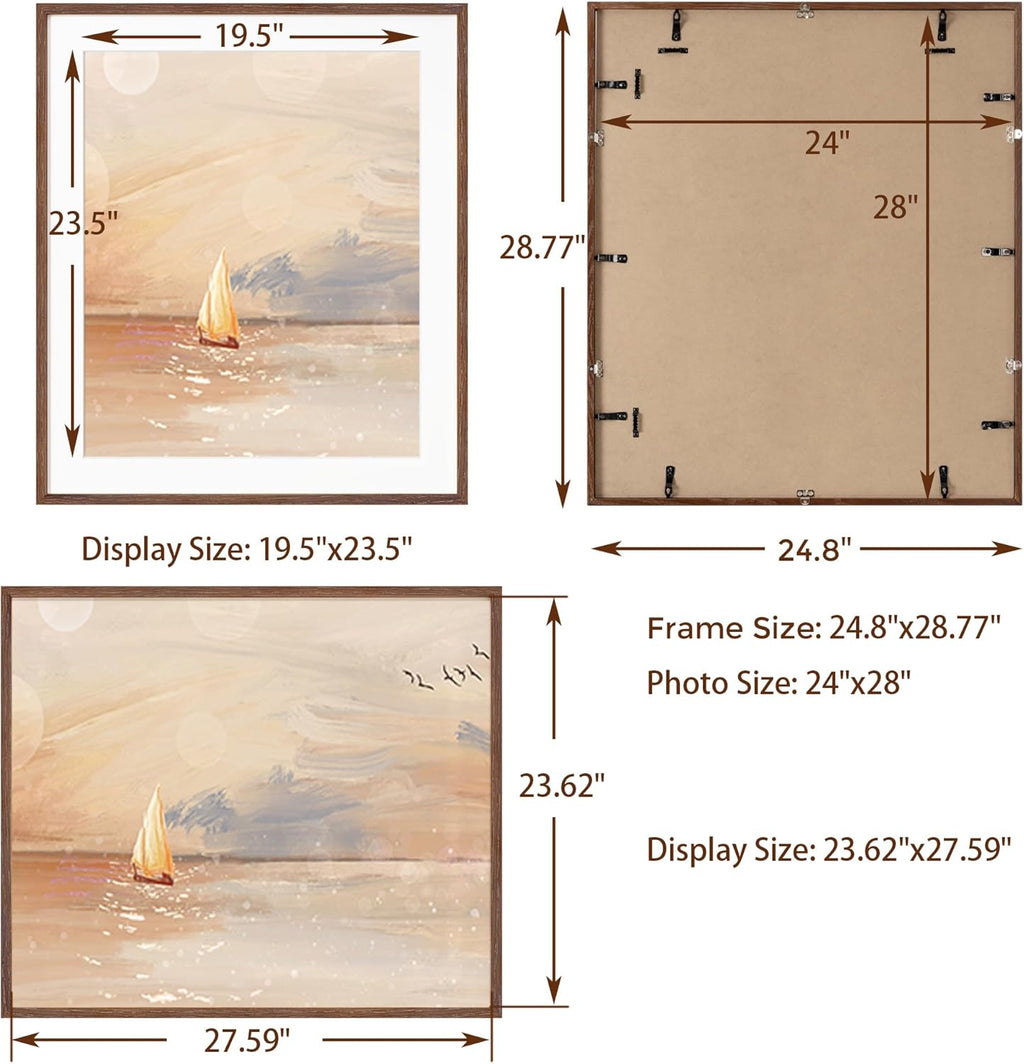 24x28 Picture Frame, Solid Oak Wood Frames 24 by 28, Rustic Wood Poster Frame 24"x28", 24x28 Frame with Mat for 20x24, 24 x 28 Frame with Tempered Real Glass (Walnut Color, 1 Pack)