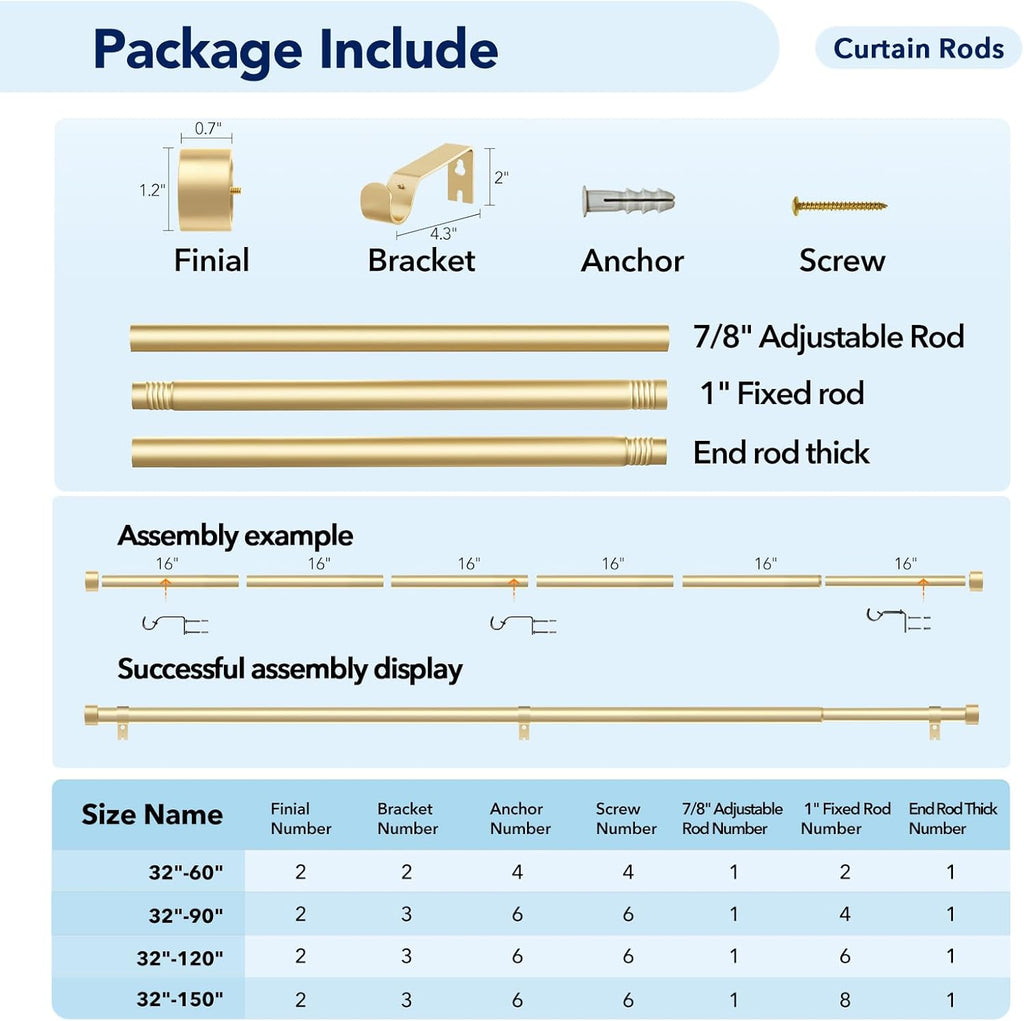2 Pack Curtain Rods for Windows 48 to 84 Inch(4-7ft), 1 Inch Gold Adjustable Heavy Duty Curtain Rod Set, Modern Style Outdoor Drapery Rods for Patio Bedroom, Size 32"- 90"