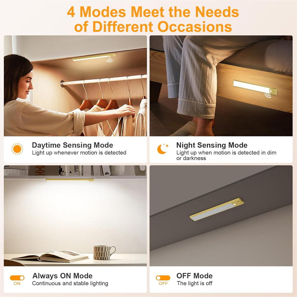 Gritin 10.2inch Under Cabinet Lighting Rechargeable -84 LED Super Bright,3-Color& 5 Level Brightness,4 Modes,Motion Sensor, Long Lasting- Easy Installation Magnetic Closet Lights -2 Pack-Gold
