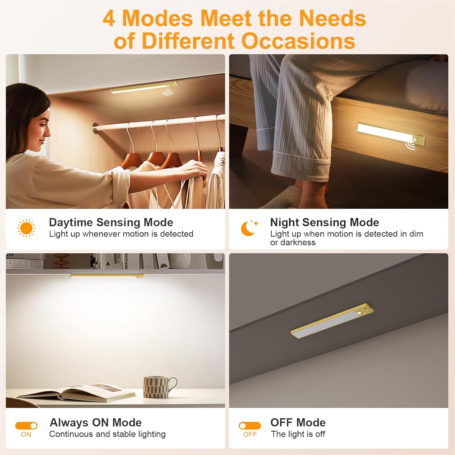 Gritin 10.2inch Under Cabinet Lighting Rechargeable -84 LED Super Bright,3-Color& 5 Level Brightness,4 Modes,Motion Sensor, Long Lasting- Easy Installation Magnetic Closet Lights -2 Pack-Gold