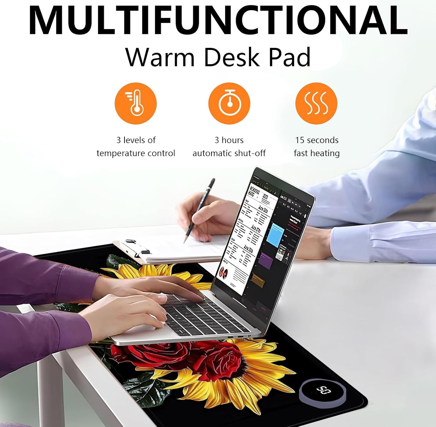 Heated Mouse Pad with 3 Levels Heated & 3 Hours Auto Shut-Off Mouse Pad for Warming Hands in Office Home, 31.5" x 13"Large Safe Desk Mat Hand Warmer，Rose Sunflower