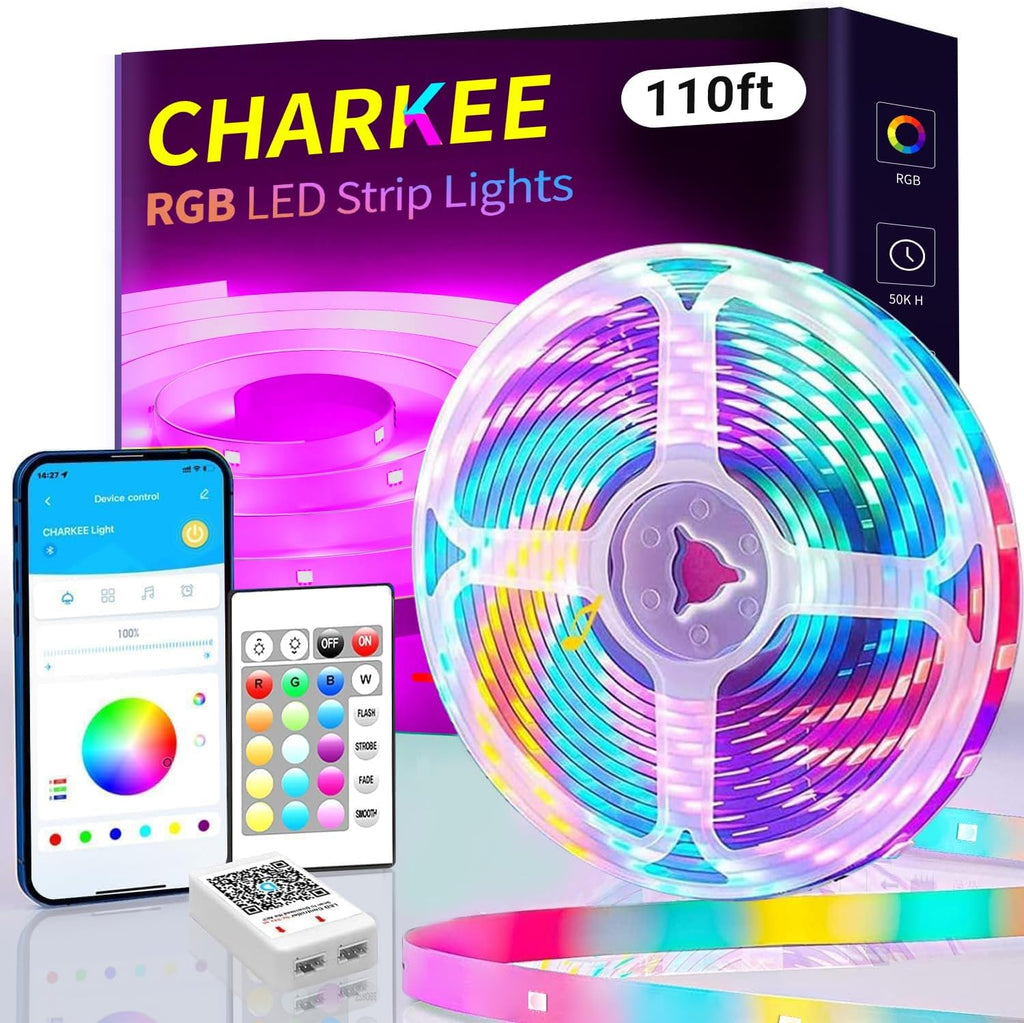 CHARKEE LED Strip Lights 110ft, Music Sync RGB LED Strip Lights for Bedroom/Gaming/Wall Decoration, Color Changing Bluetooth Led Lights IR Remote& APP Control, DIY(Dual-Side Power)