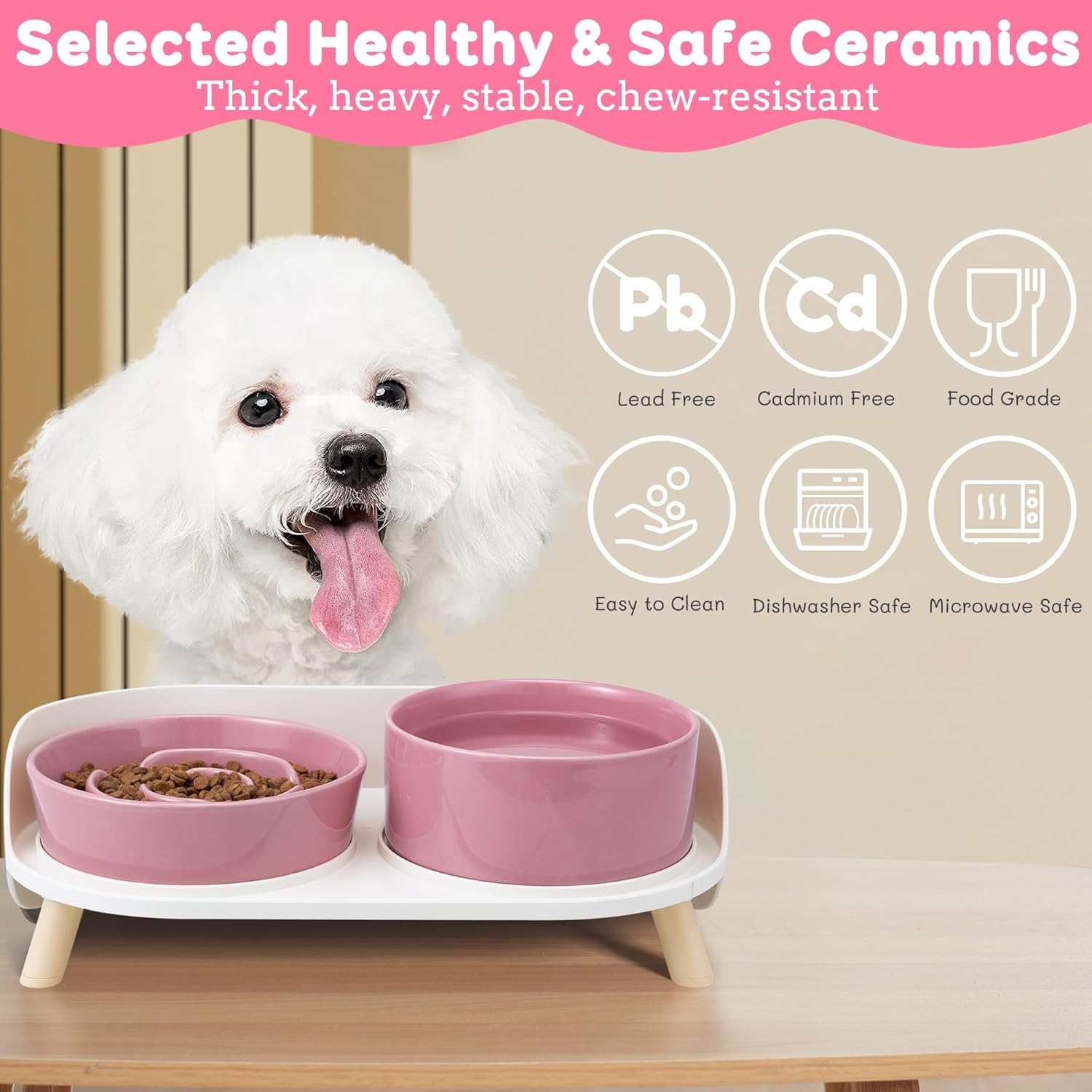 Elevated Slow Feeder Dog Bowls - Ceramic Food and Water Bowl Set with Stand - Raised Pet Dishes for Small and Medium Sized Dogs