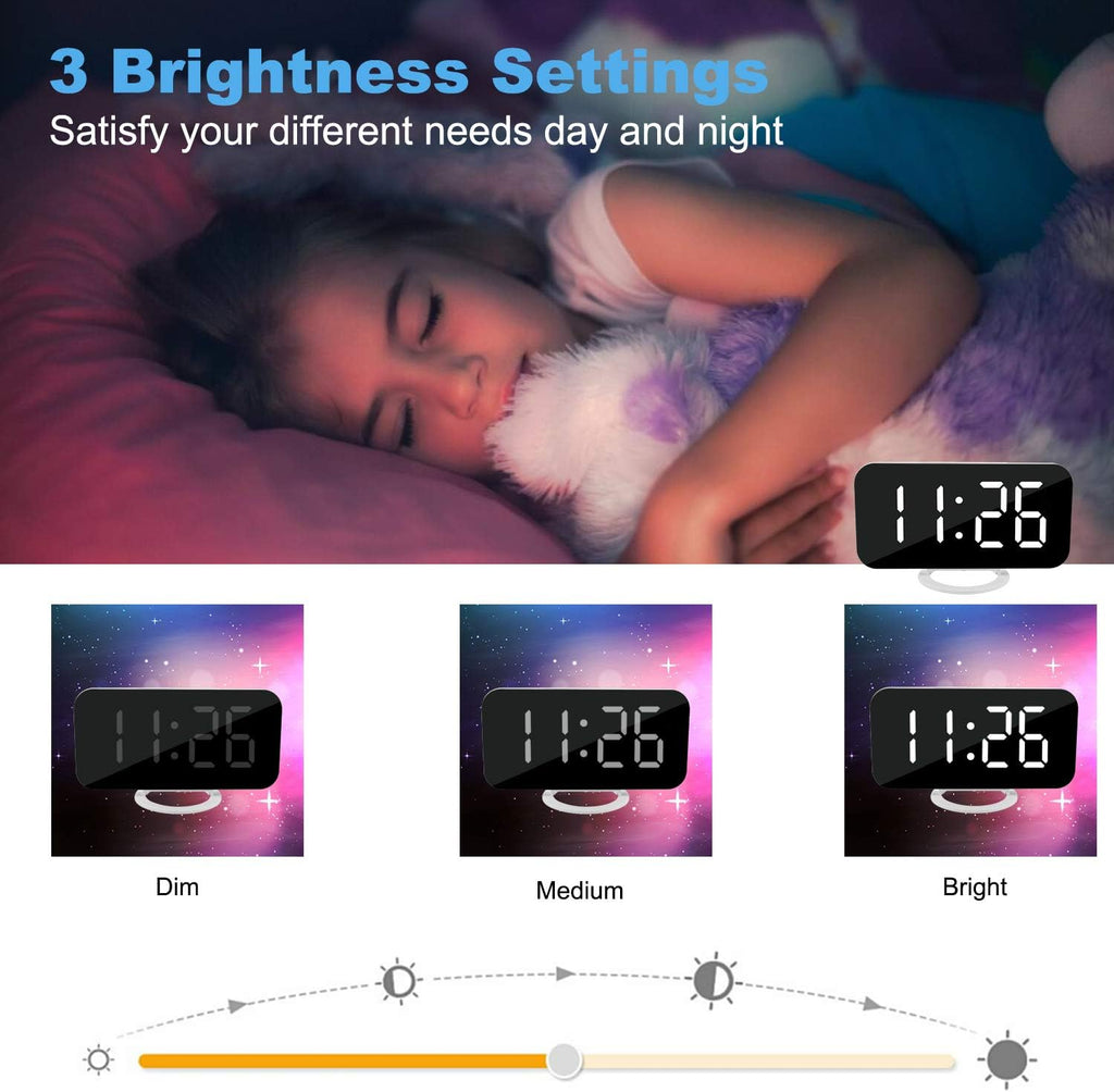 SZELAM Digital Clock Large Display, LED Electric Alarm Clocks Mirror Surface for Makeup with Diming Mode, 3 Levels Brightness, Dual USB Ports Modern Decoration for Home Bedroom Decor-White (001)