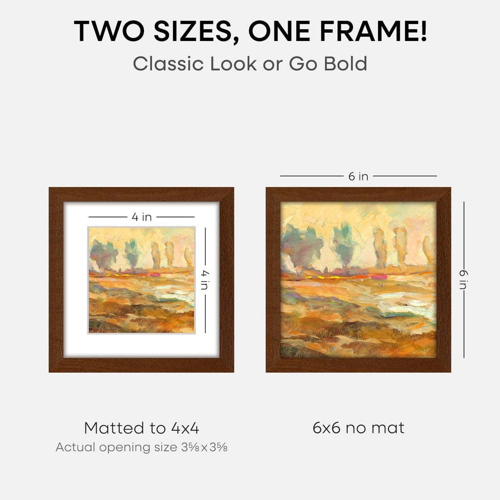 Homeforia 6x6 Picture Frame Brown, High-End Dark Oak 6 x 6 Square Brown Wood Frame with Mat 4 by 4 for Art, 6by6 Wooden Walnut Poster Frame Matted to 4x4 inch Photo, Tempered Glass, Wall Kit, Set of 1