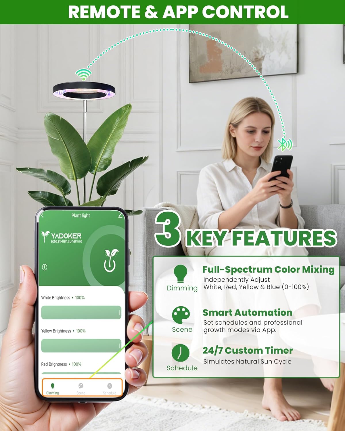 Plant Grow Light,yadoker Smart Plant Light Works with Alexa,Google for Indoor Plants,Height Adjustable,Customized Light Brightnesss,Multiple Timers