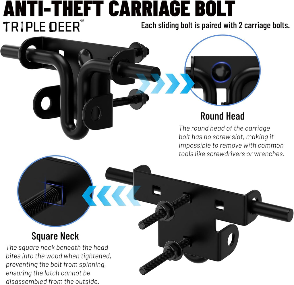 TRIPLE DEER Heavy Duty Sliding Bolt Gate Latch with Padlock Hole & Carriage Bolt, Slide Bolt Hardware for Wooden Fence/Yard Fence/Shed Door/Barn Door, Black, 2 Pack