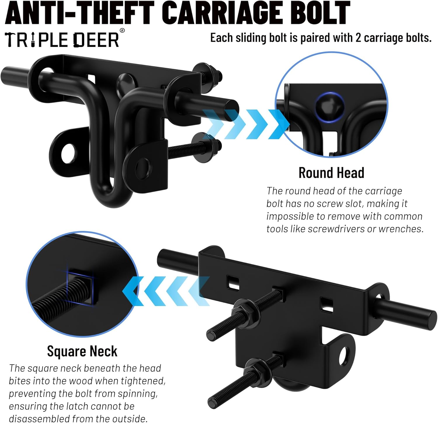 TRIPLE DEER Heavy Duty Sliding Bolt Gate Latch with Padlock Hole & Carriage Bolt, Slide Bolt Hardware for Wooden Fence/Yard Fence/Shed Door/Barn Door, Black, 2 Pack