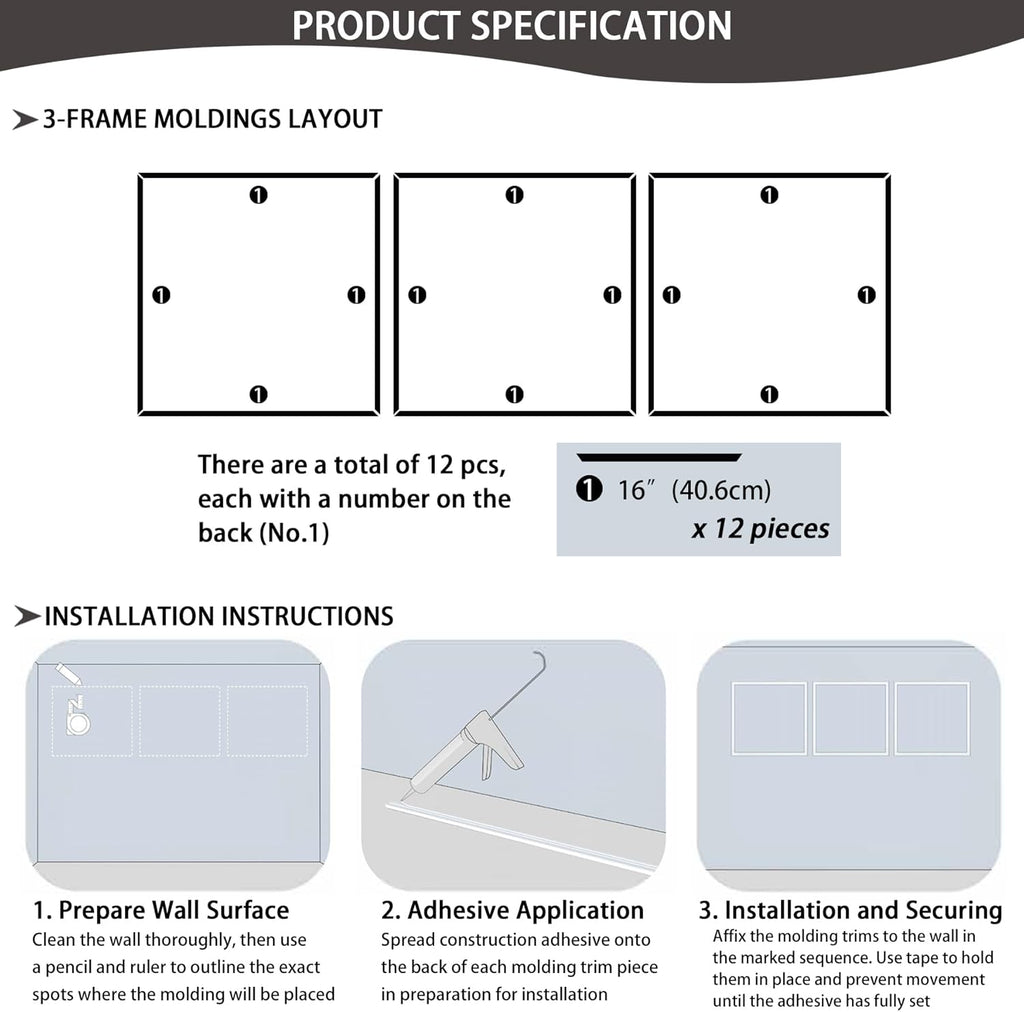 3-Frame 16" x 16" Premade Accent Wall Molding Kit, Ready-to-Assemble Wainscoting Panels, Pre-Cut Chair Rail Moulding Trim Picture Frame for Home Décor