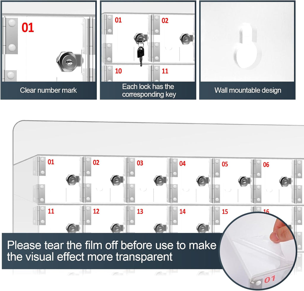 60 A Slots Cell Phone Locker Box, Clear Phone Storage, Acrylic Cell Phone Lock Box with Door Locks and Keys, Wall Mounted Cell Phones Cabinet for Office School Classroom Factory