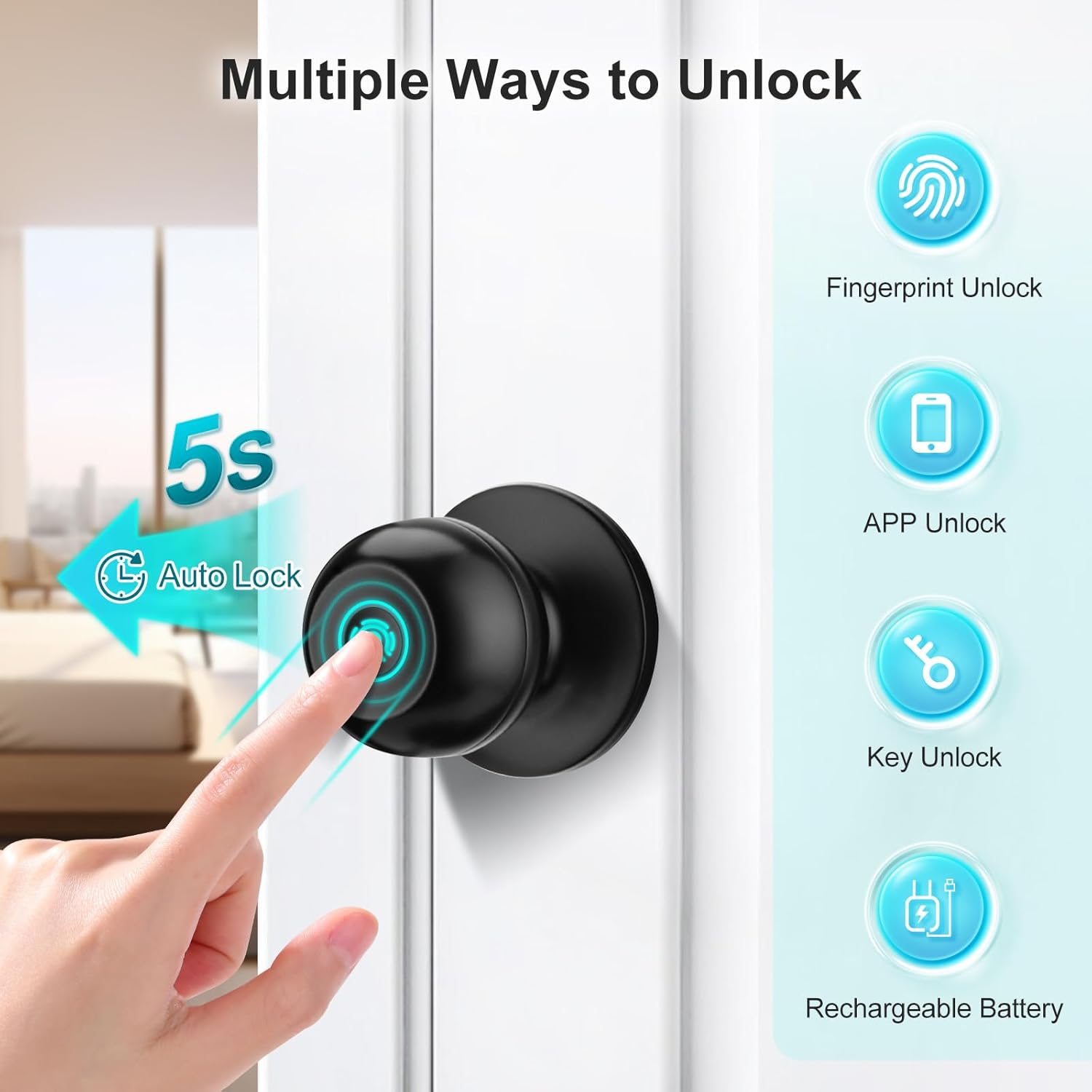 JO.KO 2 Pack Fingerprint Door Lock, Biometric with App Control & Key, Smart Door Knob for Bedroom, Entry Door, Keyless Finger Print Door Knob with Thumb Print Black, Different Keys