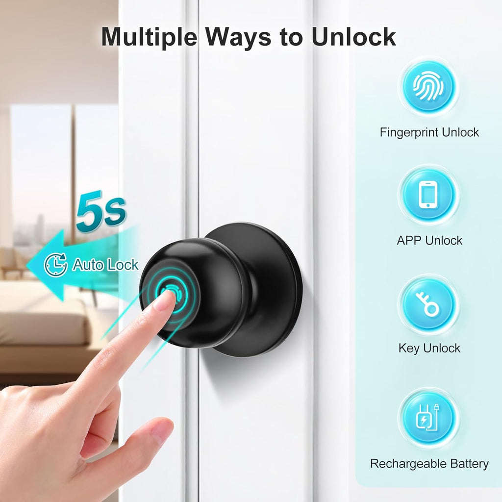 JO.KO Fingerprint Door Lock, Biometric Door Lock with App Control & Key, Smart Door Lock for Bedroom, Entry Door, Keyless Finger Print Door Knob with Thumb Print Black