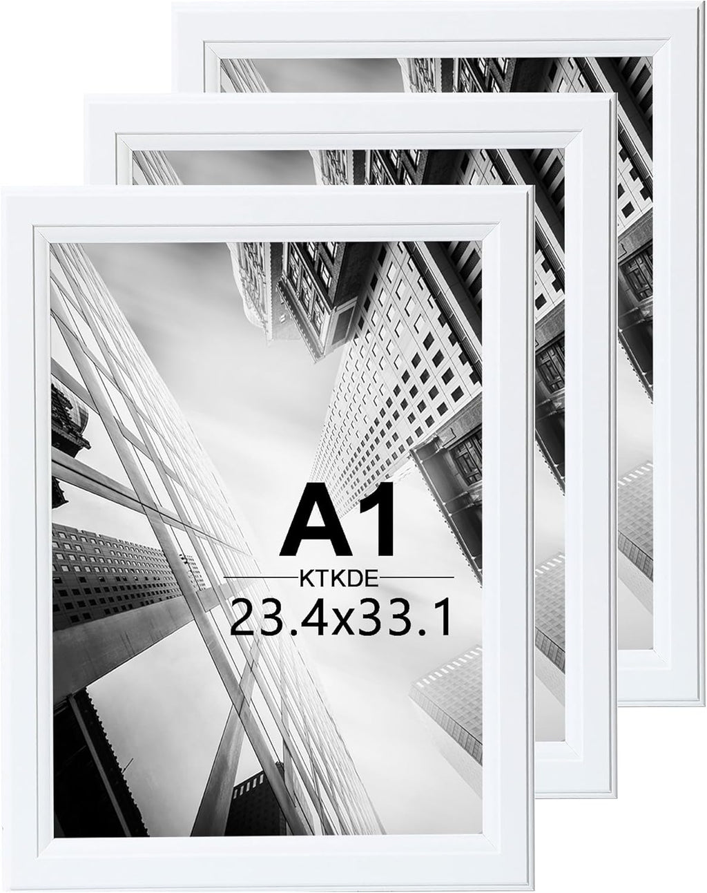 KTKDE A1 Picture Frame Set of 3, 23.4 x 33.1in Poster Frame Wooden White -Horizontal or Vertical Wall Hanging for Home, Exhibition, Caffe Large Frame for Photos, Posters - Art Prints best gift