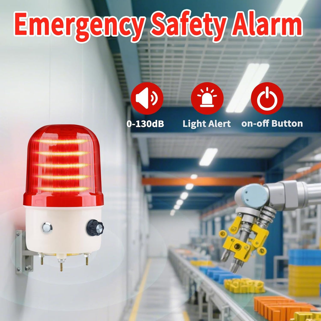 Industrial LED Rotating Warning Light, AC110V Red Strobe Light for Public Emergency Alarms, Indoor/Outdoor Safety Siren with Volume Adjustment/Plug and Buzzer (RED PRO(0-130dB,AC110V))