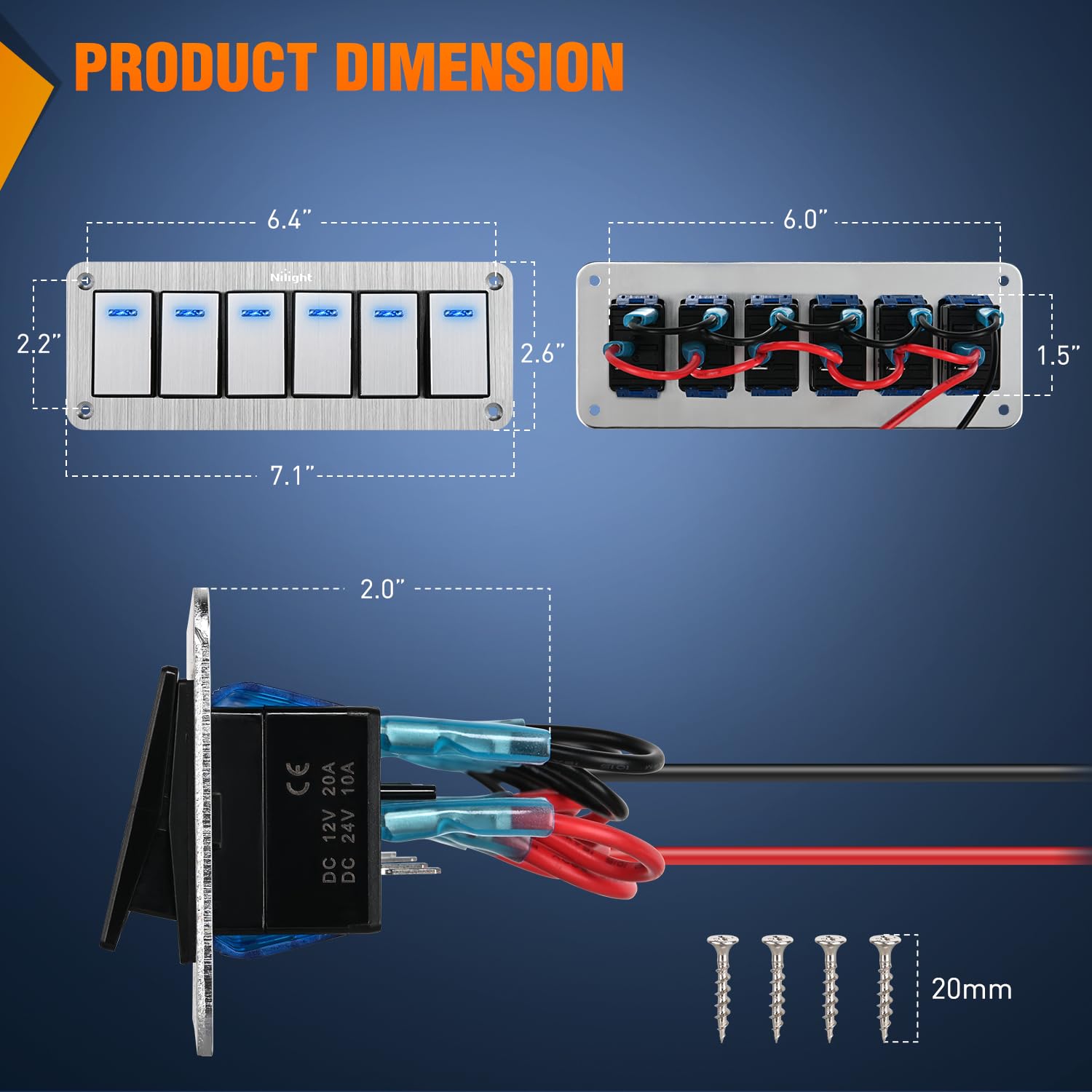 Nilight 6 Gang Rocker Switch Panel 3 Pin On Off Pre-Wired Blue LED Waterproof Aluminum with DIY Stickers for 12V 24V Automotive Cars Marine Boats UTV Truck Jeeps
