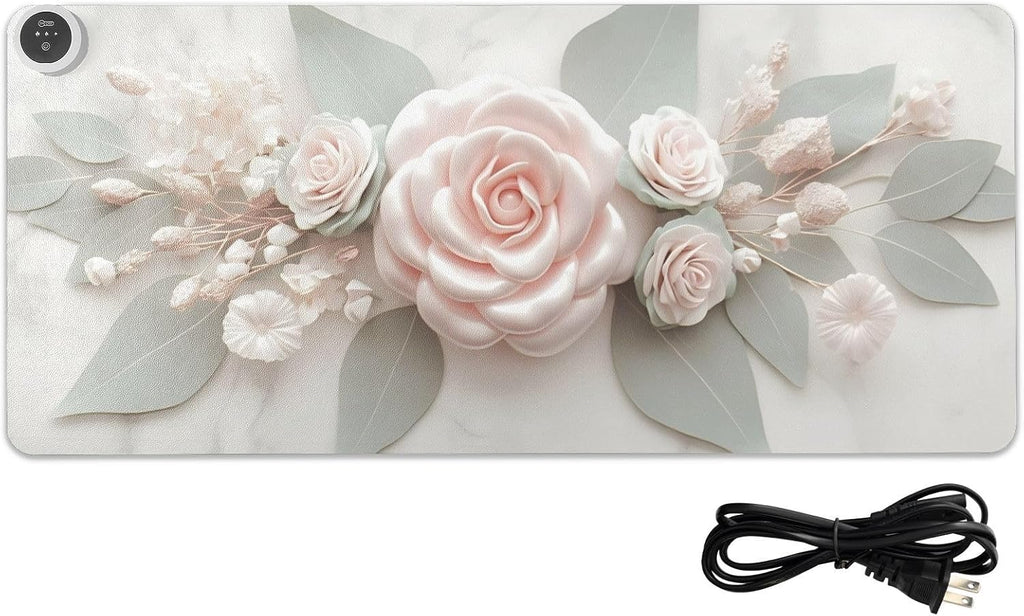 Large Heated Mouse Pad,Leather Desk Mat,31.5"x13",Hand Warmer Pads for Desk,Rose(Cream)